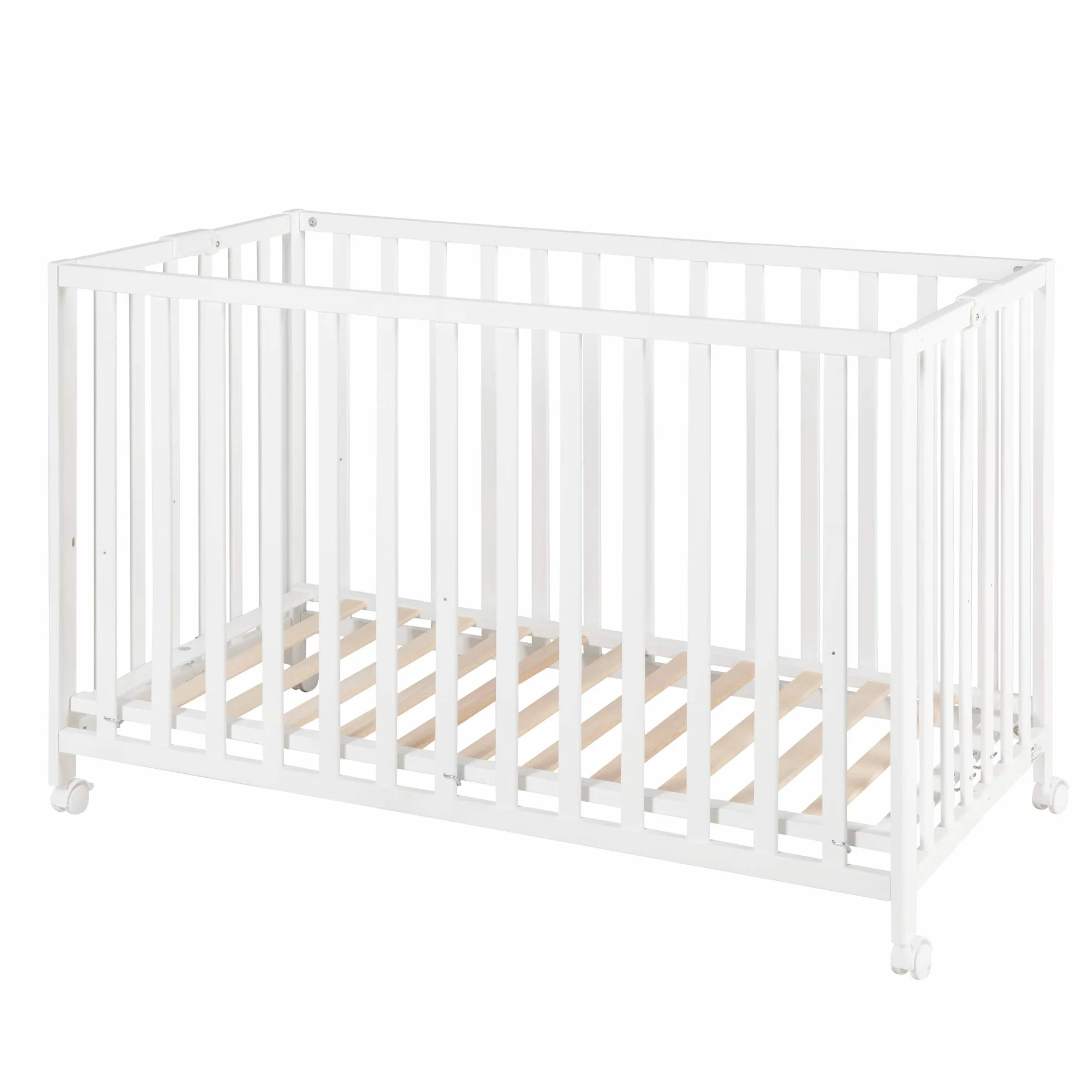roba Lit Bébé Pliant en Hêtre Fold Up 60x120 cm avec Roulettes à Freins Blanc