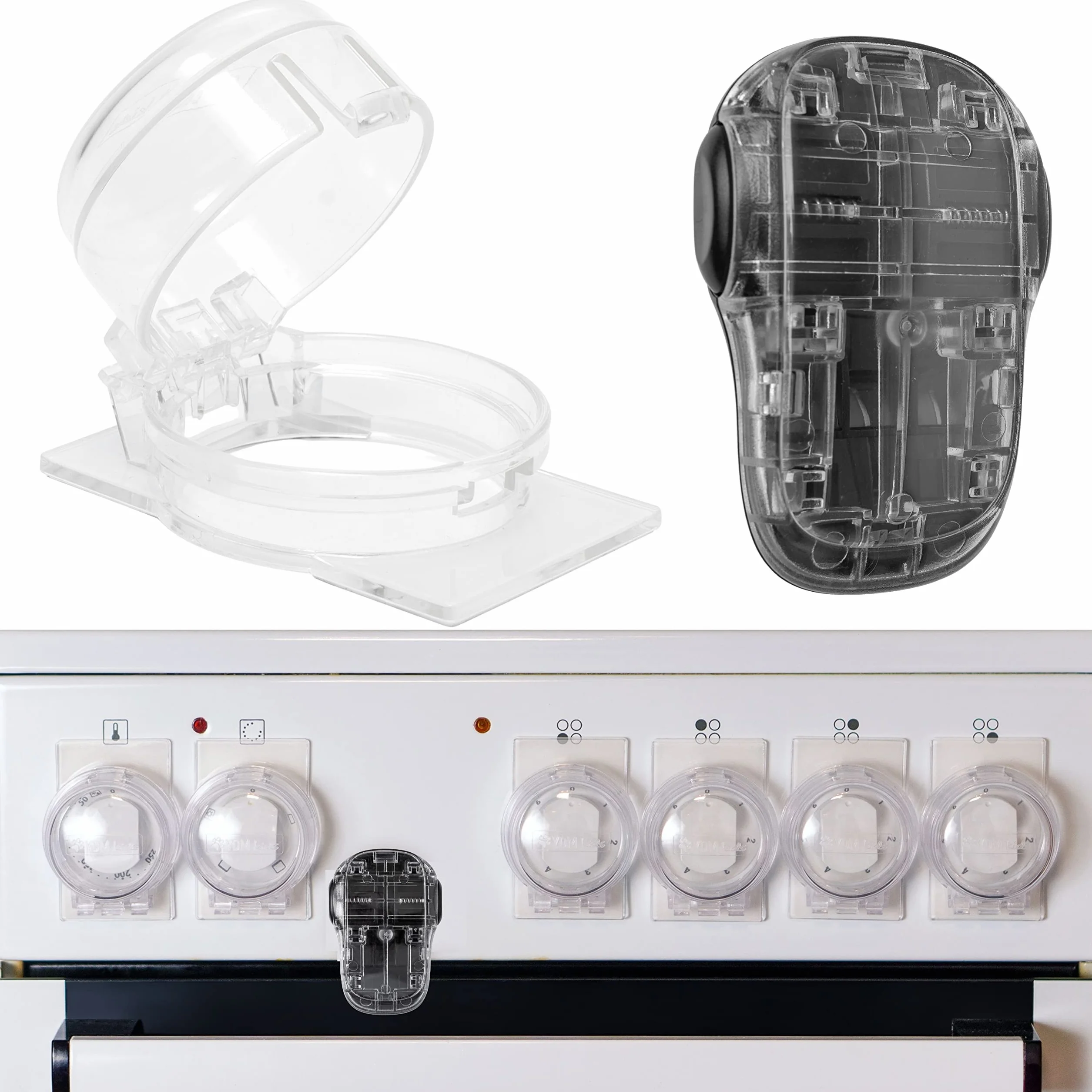 Cache-Boutons de Cuisinière et Verrou pour Four, Jeu de 7, Ø max. 4,9 cm, Distance centre 6,1 cm, Protection Enfants