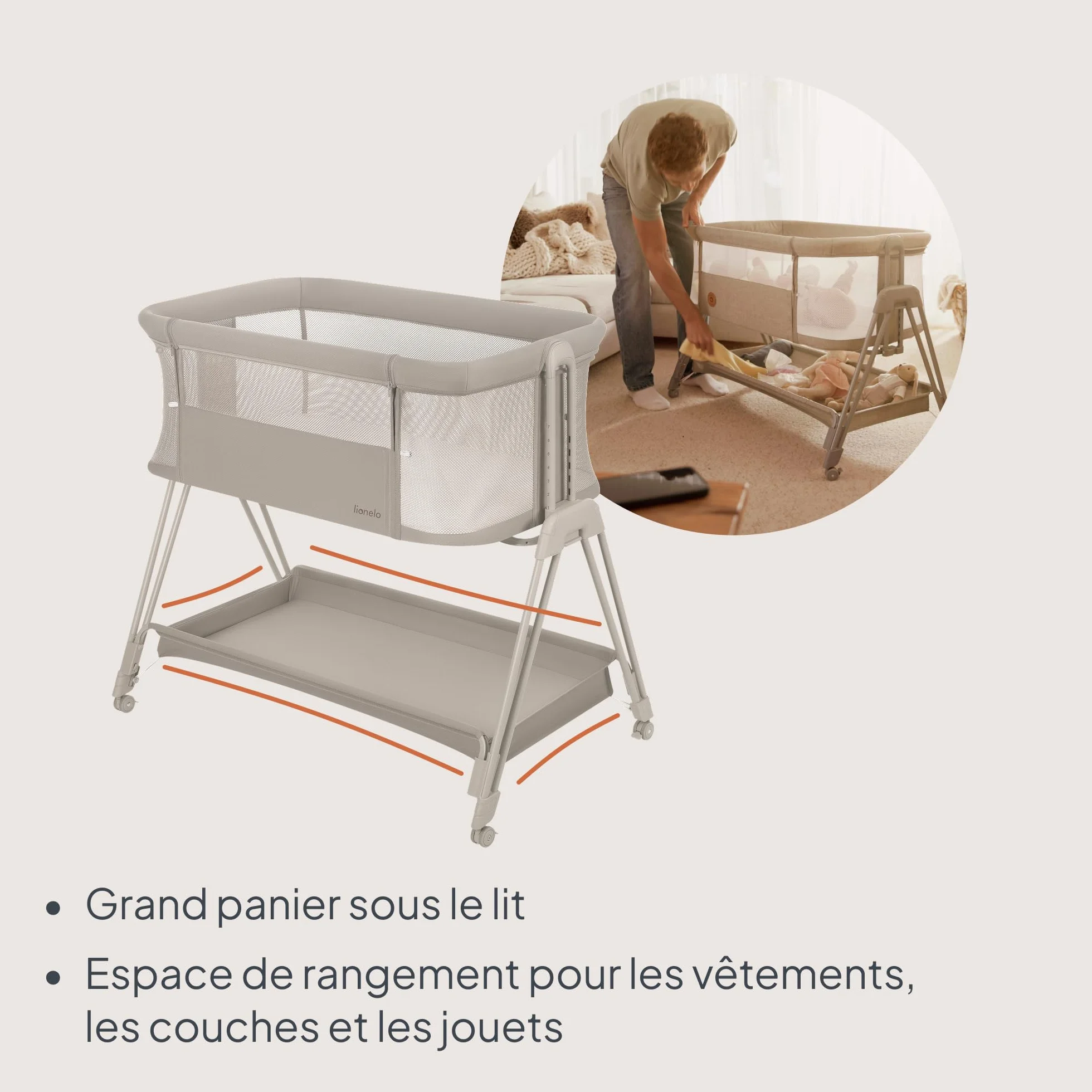 Lionelo Luna Lit Bebe Indépendant Cododo avec Matelas Co-Sleeping Nouveau-né 9 kg Hauteur Inclinaison Réglables 4 Roues Blocage Fixation Lit Parents Aéré Beige