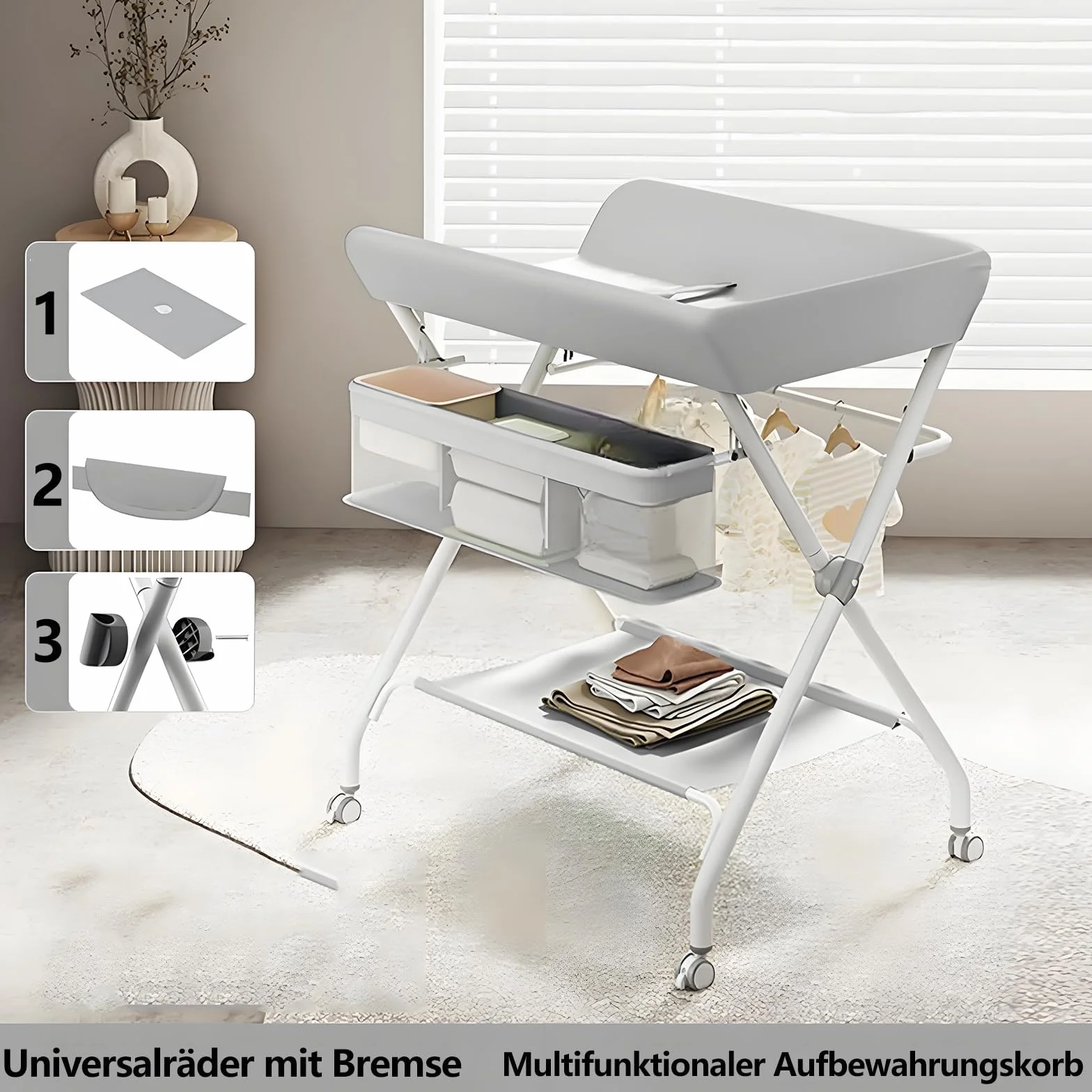 Table à Langer Bébé Pliable 60x80x103 cm Gris - Plan à Langer Portable avec Panier, Sécurité, Support 25 kg