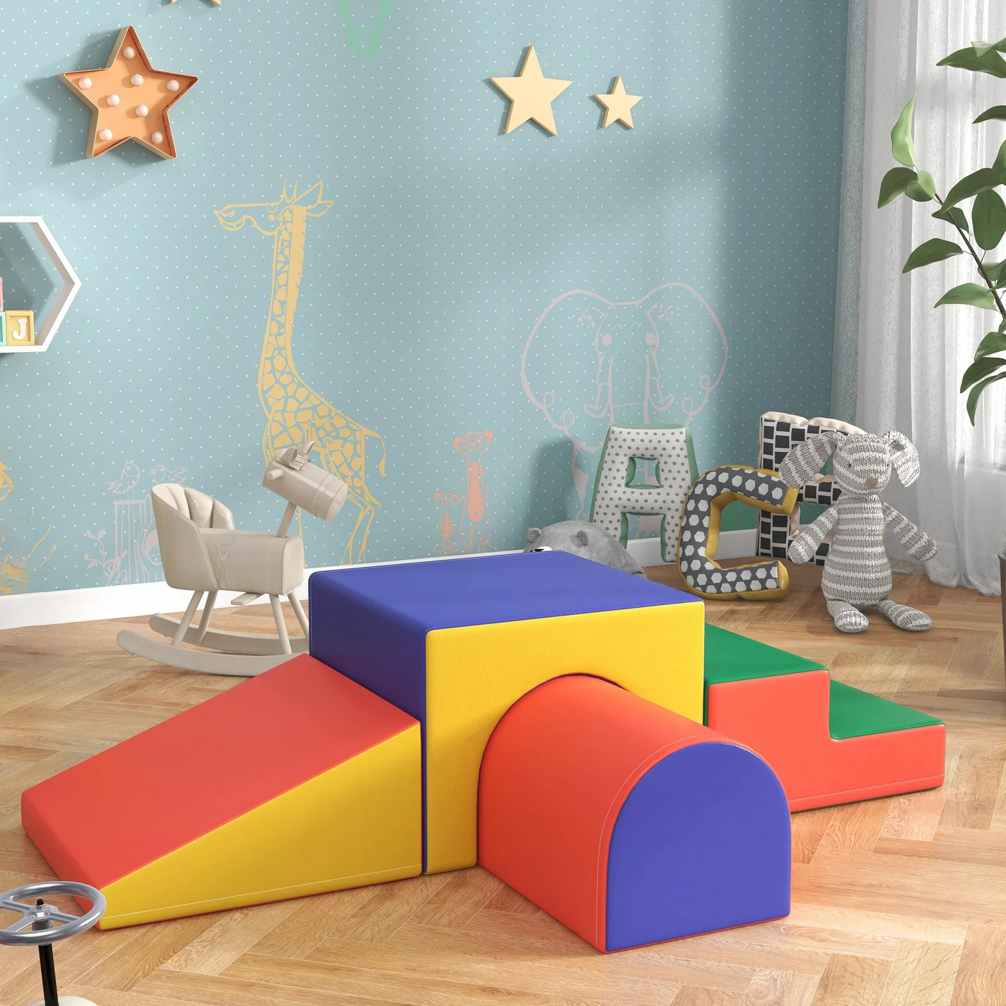 HOMCOM Parcours motricité bébé 4PCS, Module motricité bébé en Mousse EPE avec Housse revêtement synthétique, Blocs Mousse Construction, Jouets éducatifs Enfants préscolaire, Multicolore