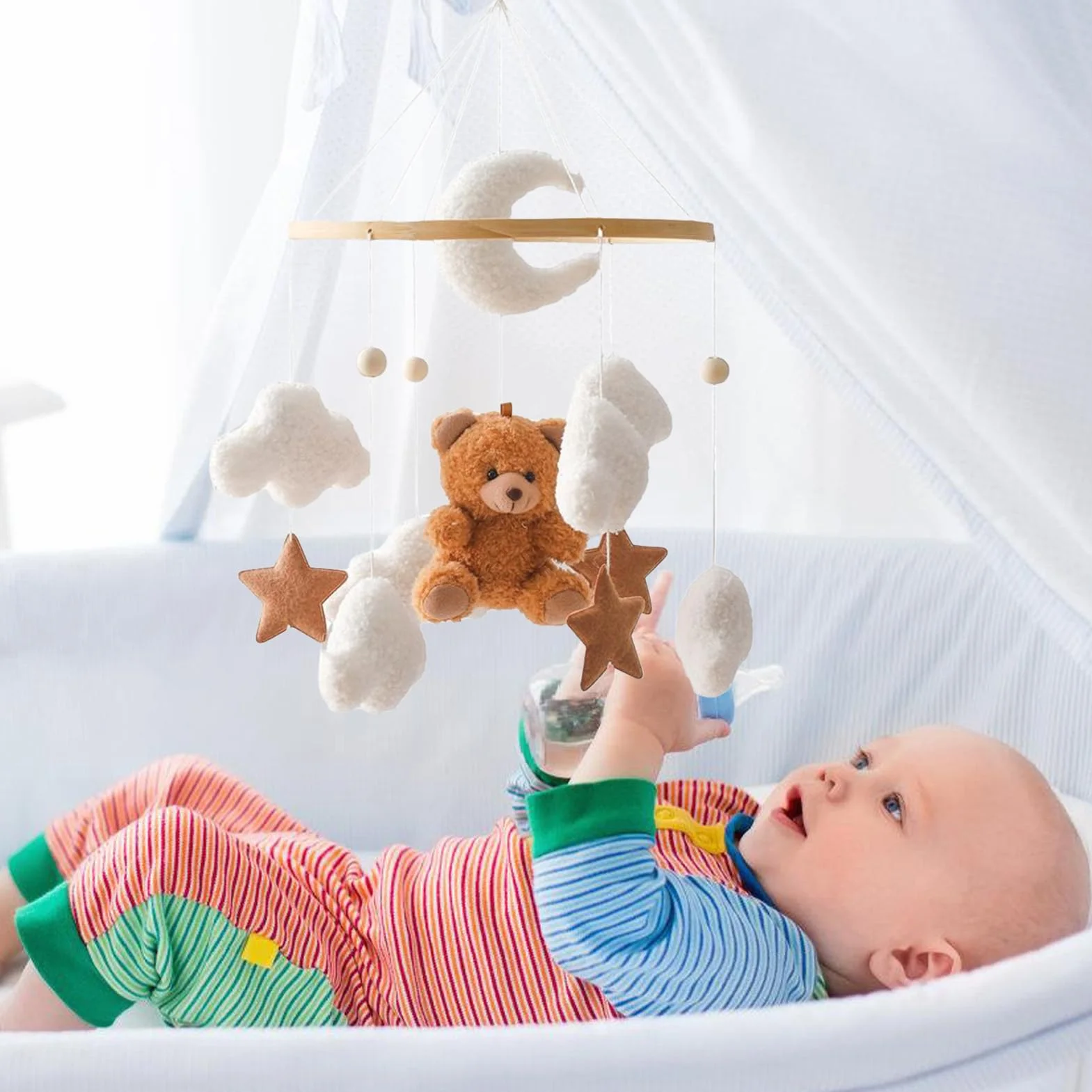 Mobile Pour Lit Bébé Décor Étoile Ours Tourne 360° pour Fille Garçon Berceau