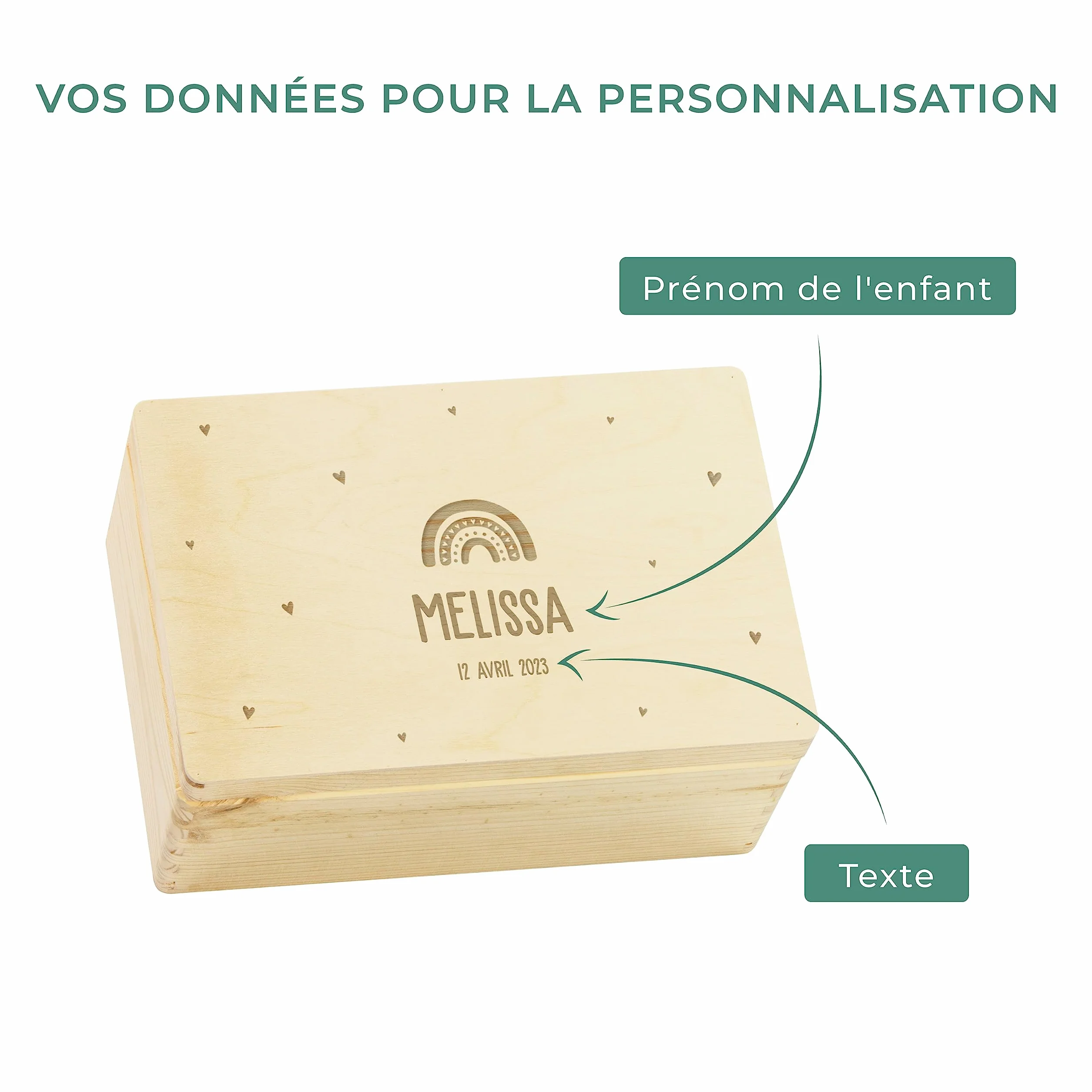 LAUBLUST Boîte à souvenirs bébé personnalisée - Cadeau de naissance avec nom, Arc-en-ciel avec cœurs, tailles S M L XL, bois naturel & blanc FSC