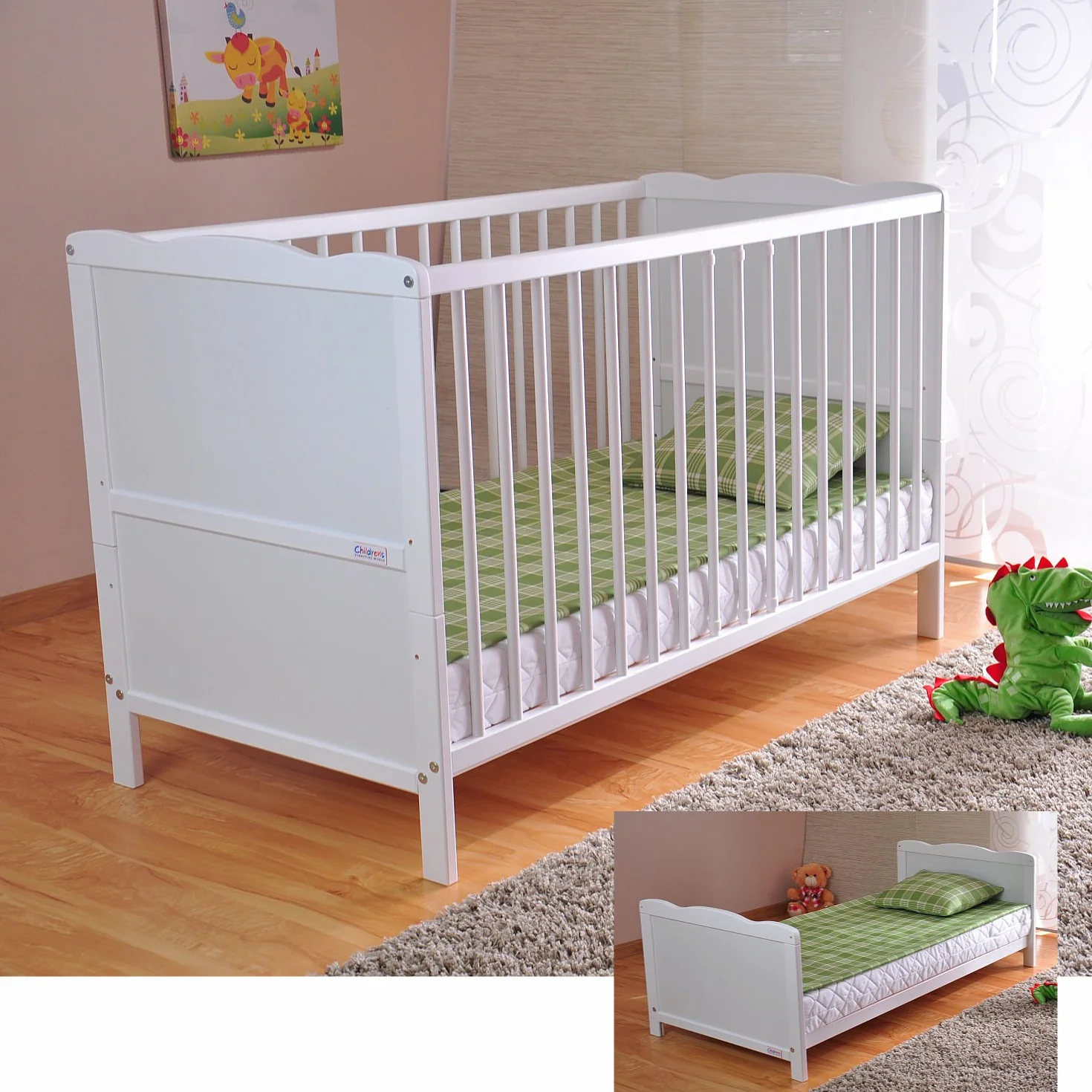 Marsell Lit bébé avec Matelas en Mousse Aloe Vera Rails de Protection Réglables Blanc Transformable en lit Enfant