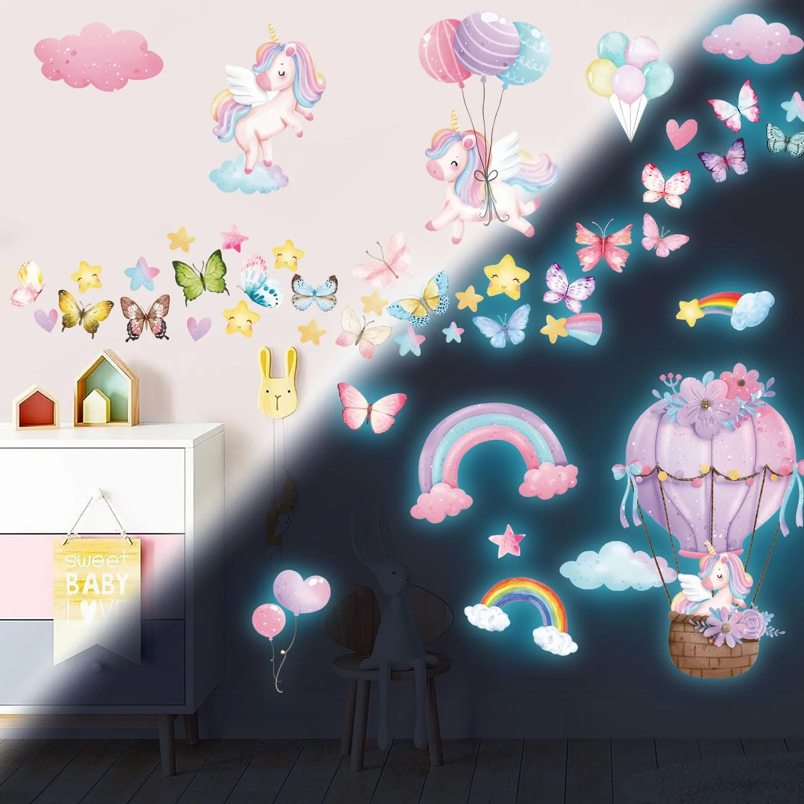 Licorne Étoile Lumineuse Autocollant Mural Arc en Ciel Décoration Murale Chambre Enfants