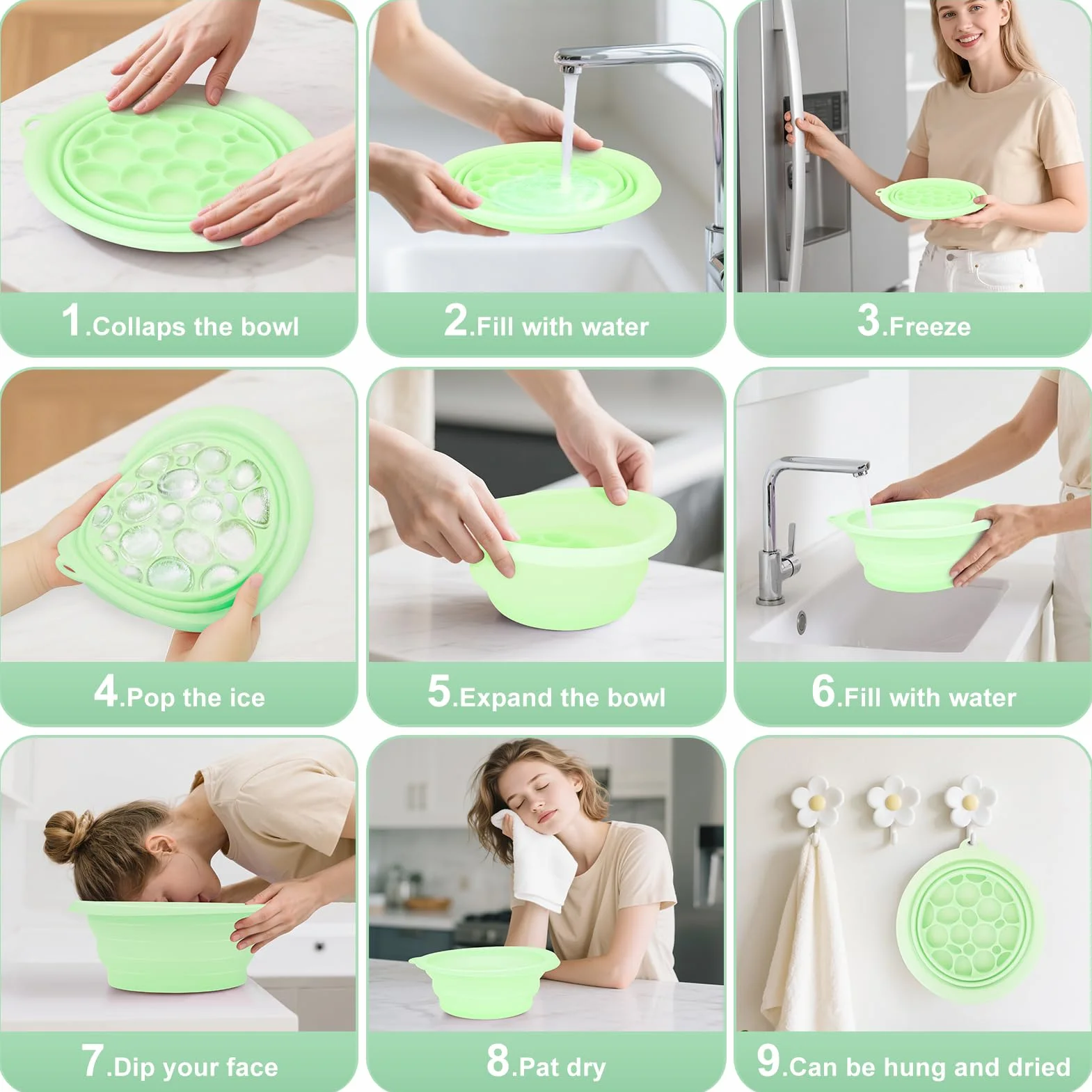 Bol à glace en silicone pliable pour le visage avec plateau à glaçons intégré, lavabo à refroidissement rapide
