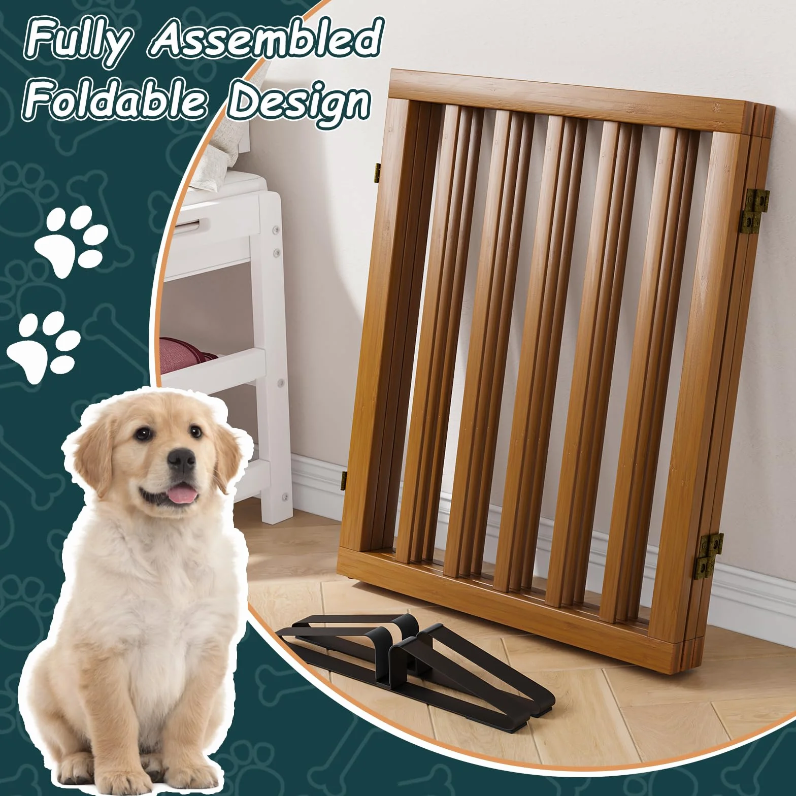 Barrière de Sécurité pour Chien 3 Panneaux sans Perçage 61cm x 140cm avec Supports Métalliques Noyer