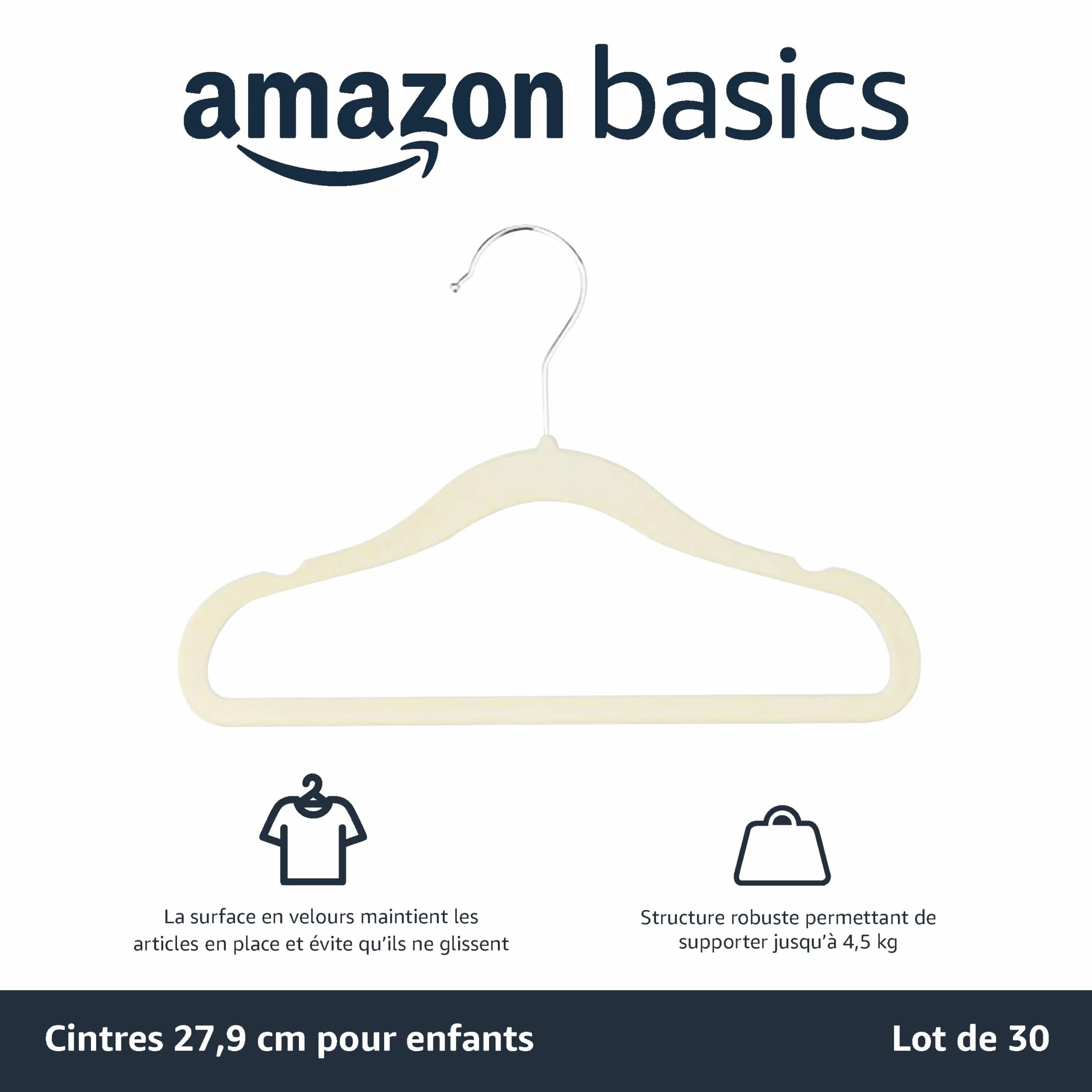 Amazon Basics Cintres Antidérapants Velours Enfants 29 cm Beige Lot de 30