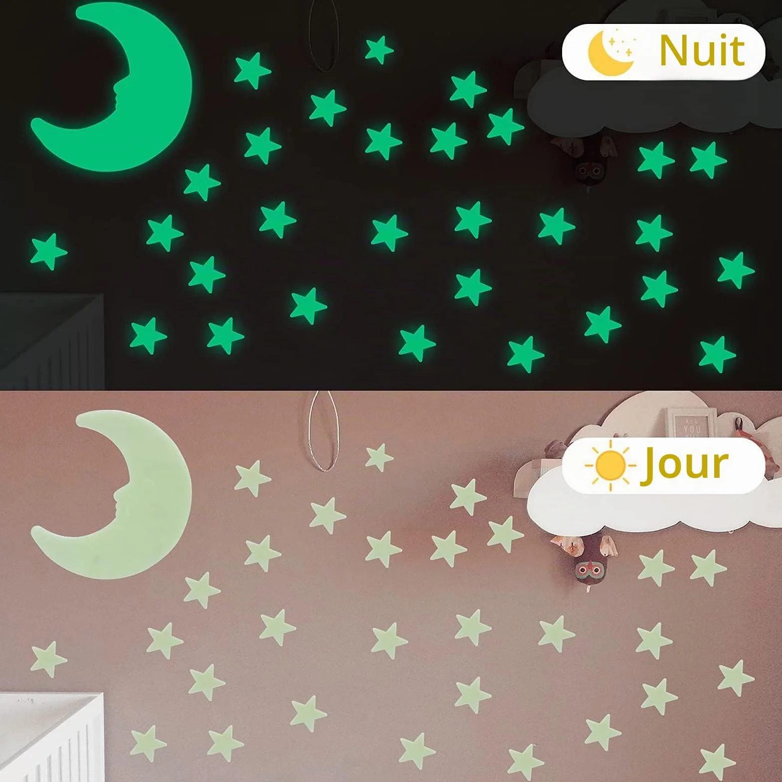 CAYUDEN Étoiles et Lune Kit 3D Phosphorescentes Adhésives 200 Pièces Fluorescentes Décoration Murale Lumineuse