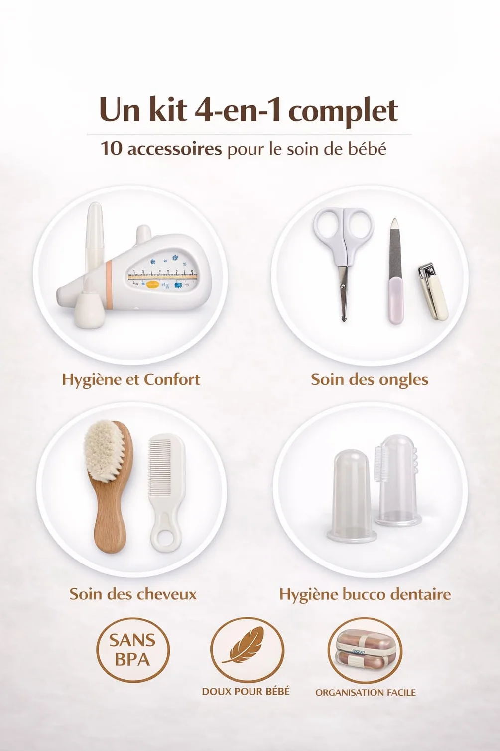Trousse de Soin Bébé Kit Complet 10 Accessoires Sans BPA Brosse en Bois Coupe-Ongles Ciseaux Cadeau de Naissance