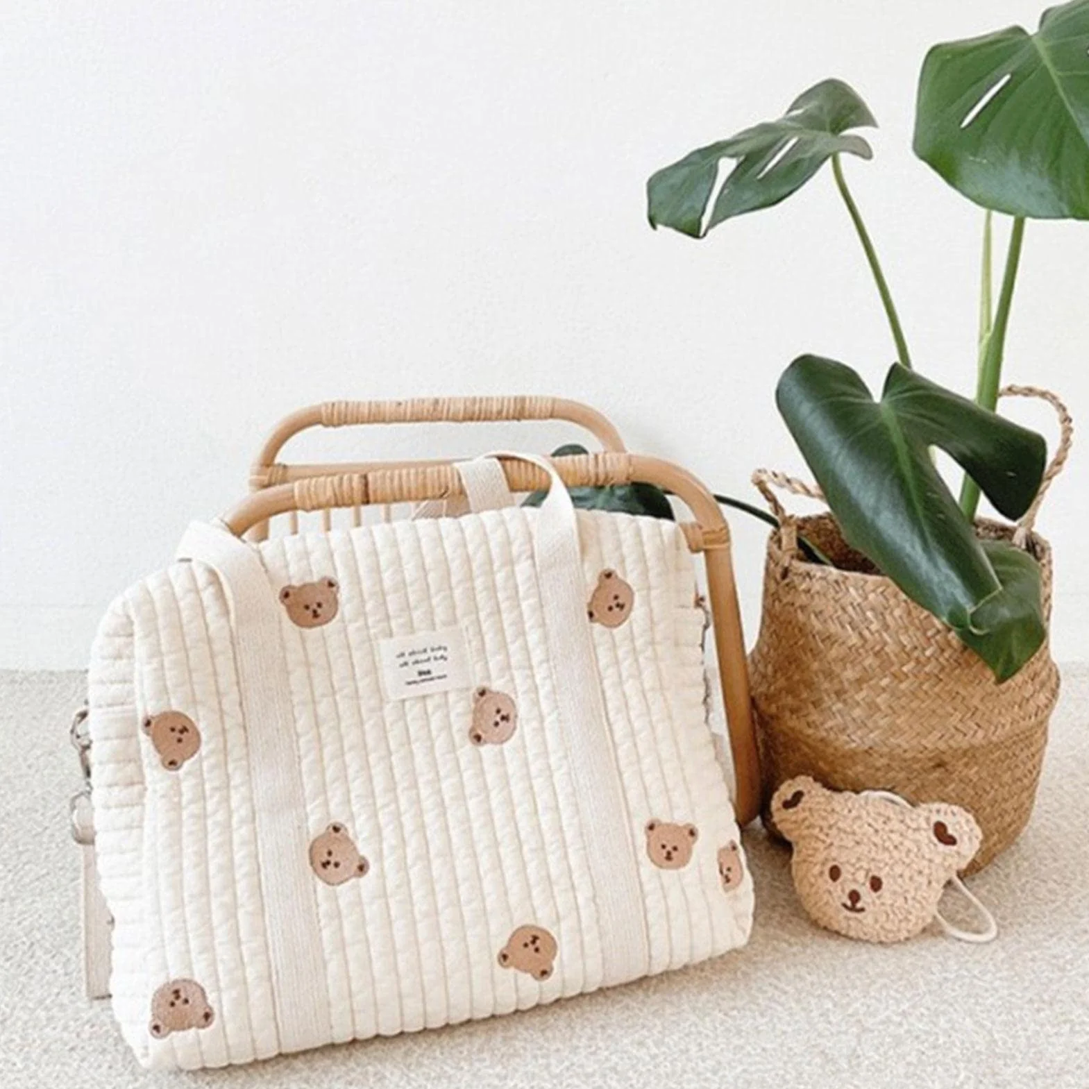 Sac à Langer Portable Grande Capacité en Coton avec Bandoulière