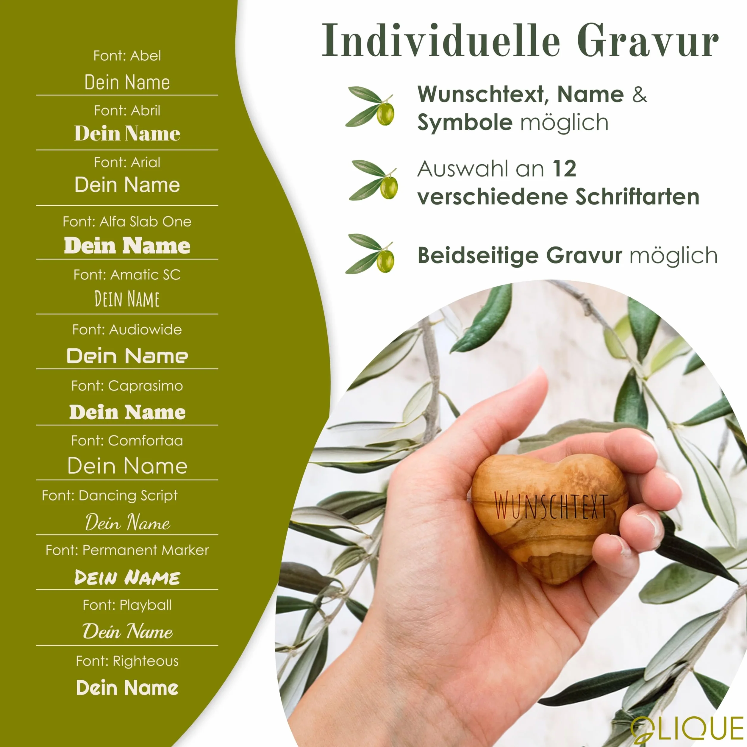 Cœur en bois d'olivier - Bijou artisanal fait main avec gravure