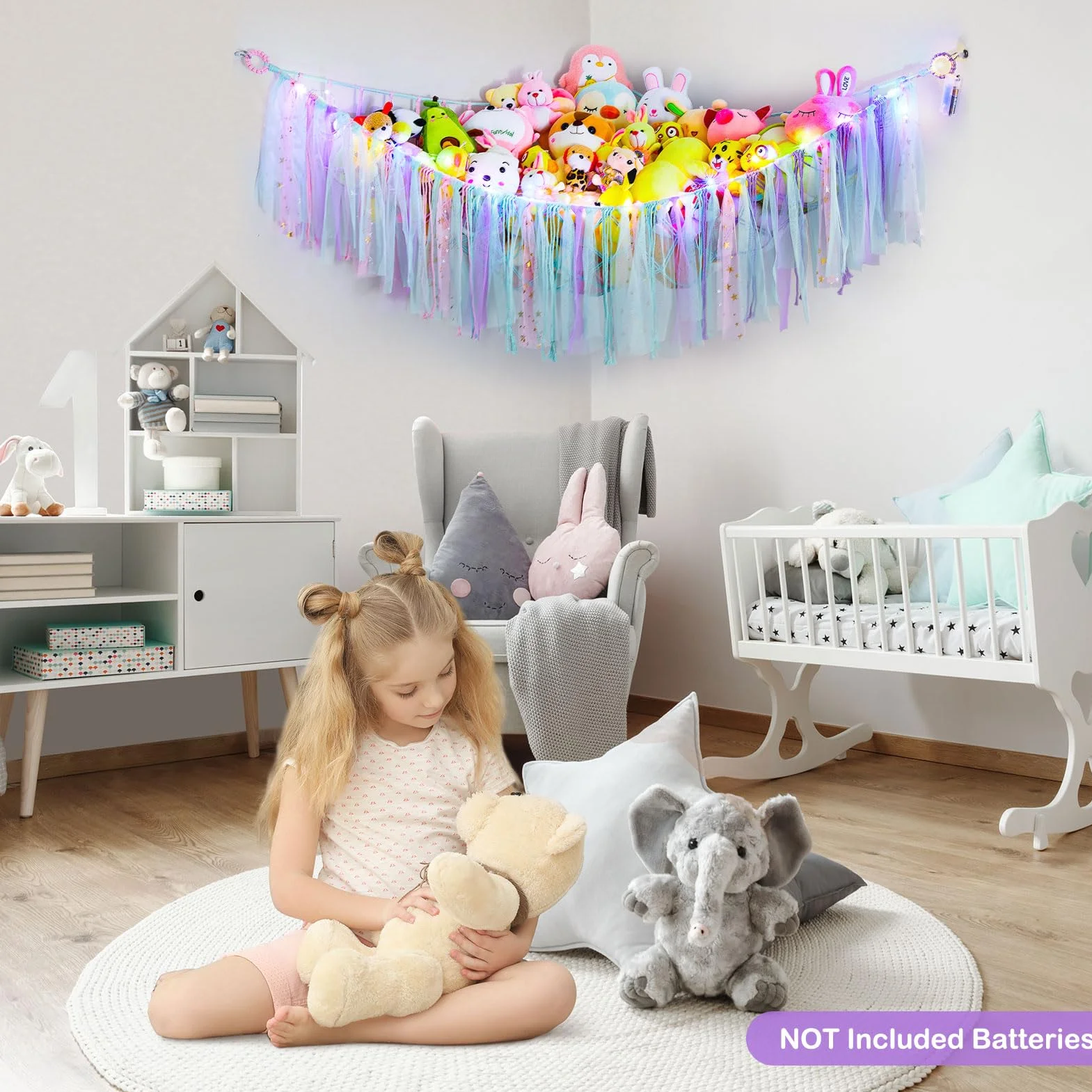 Hamac pour jouets en peluche - Filet de rangement suspendu avec lumière LED - Organiseur en macramé tissé à la main