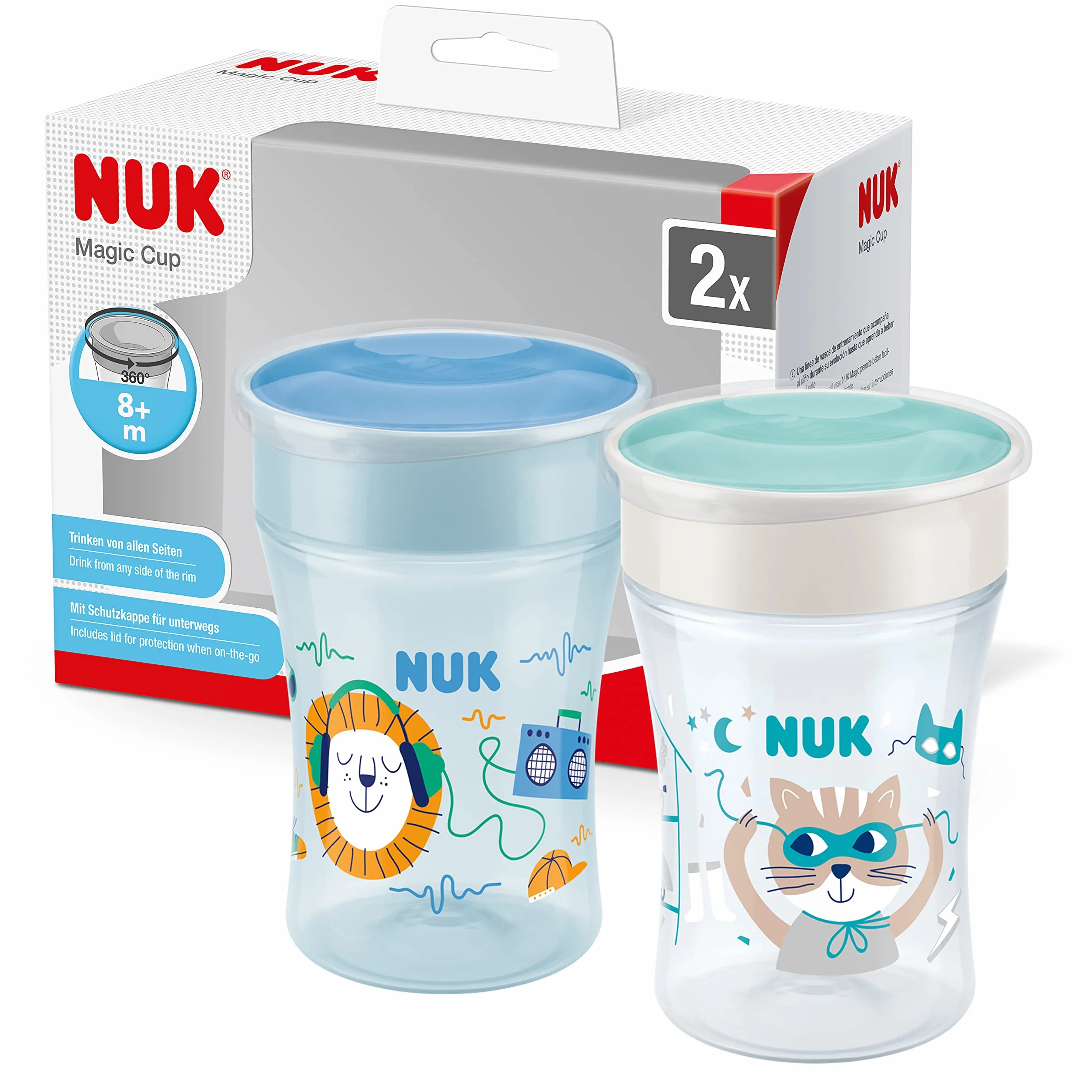 NUK Magic Cup Tasse d'Apprentissage 230 ml 2 Unités Lion Bleu Chat Turquoise