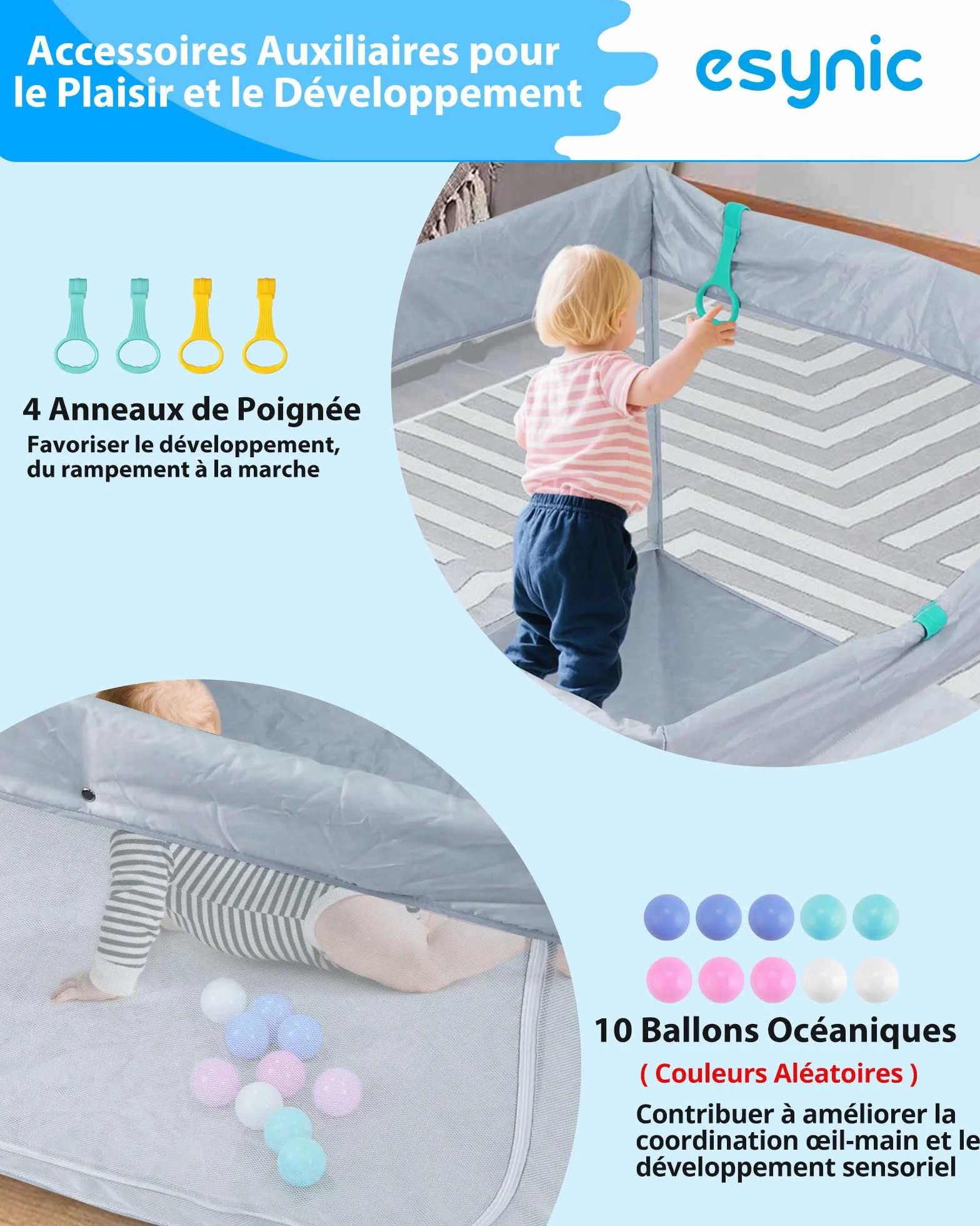 eSynic Parc Bébé Pliable 120x120cm avec 10 Boules et 4 Poignées Gris