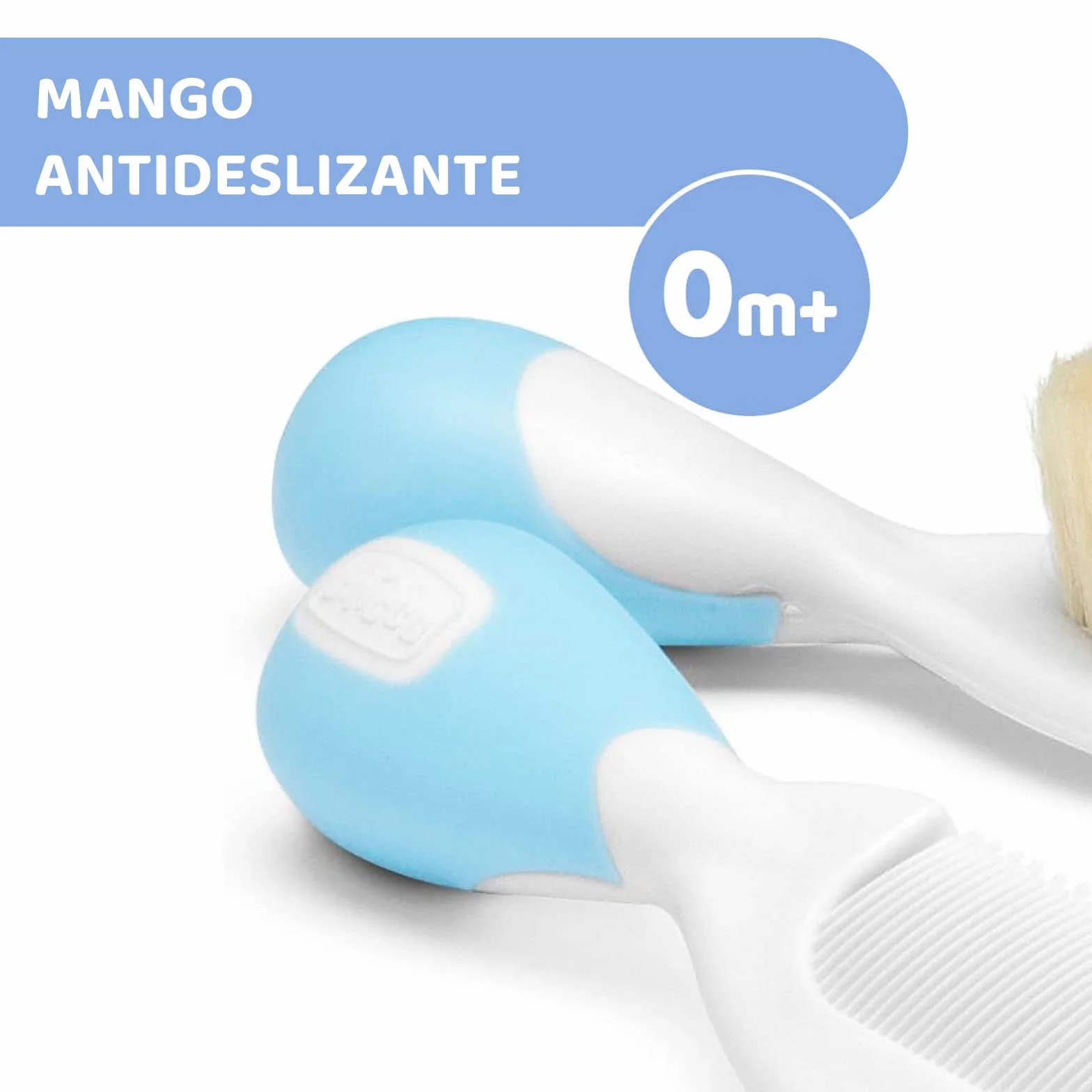 Chicco Ensemble Brosse à Cheveux et Peigne pour Bébé, Poils Naturels Doux, Bouts Arrondis, Antidérapant, Bleu
