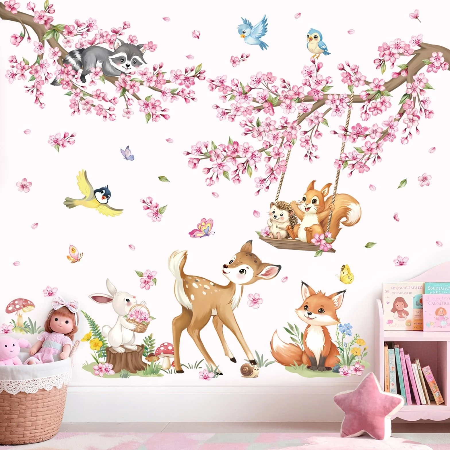 Decalmile Autocollant Mural Fleurs de Cerisier Rose Animaux des Bois Floral Branche Arbre Décoration Murale Chambre Enfants