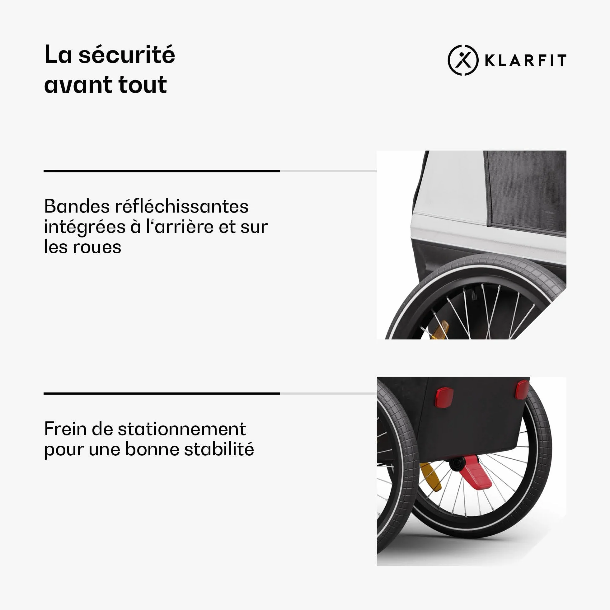 KLAR FIT GoKiddo Remorque Vélo Enfant 2-en-1 Freins Ceintures Sécurité Sièges Réglables 40kg Protection Pluie UV Pliable Gris Clair