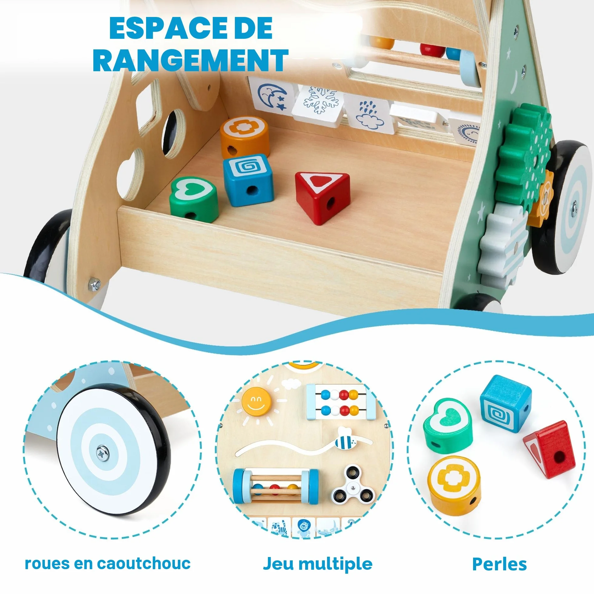 Trotteur en bois 10 en 1 chariot de marche bébé roues caoutchouc centre d'activité aide marche jouet garçons filles