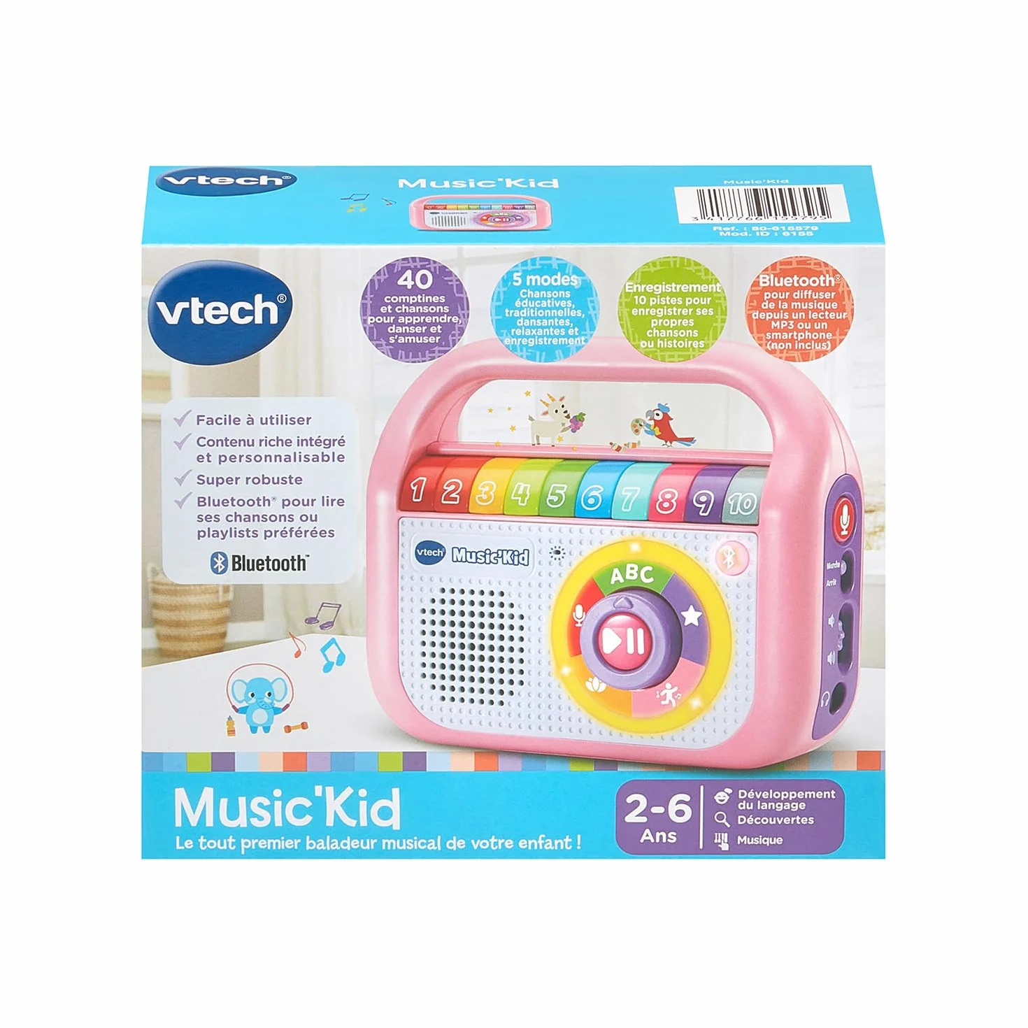 VTech Music'Kid Rose Baladeur Musical Enfant Enceinte Bluetooth Lumineuse Comptines Chansons Éducatives Enregistreur Vocal Cadeau 2 Ans Français