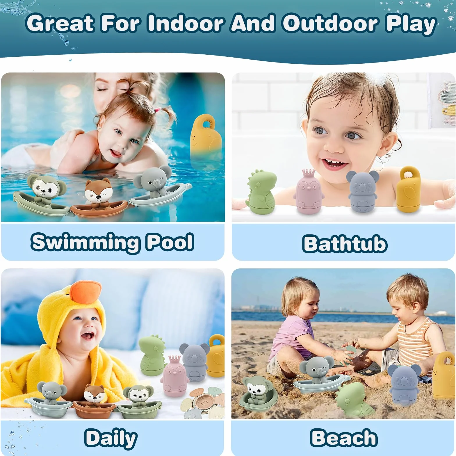 Jouets de Bain Bébé Silicone Lot de 16 Animaux Aspergeurs Empilables 1 2 3 Ans