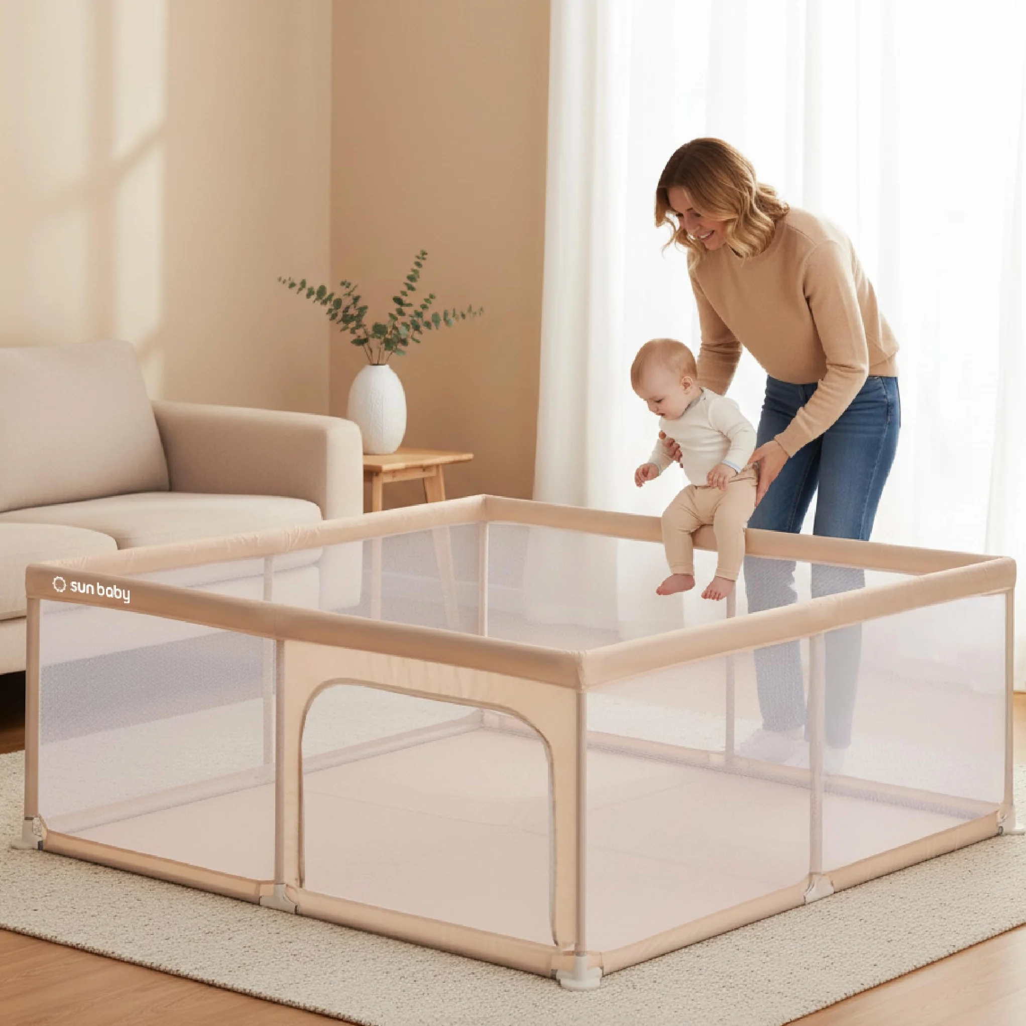 Sun Baby Parc Enfant 150x200 cm Beige Polyester Filet Zippé Antidérapants Sac Transport Métal