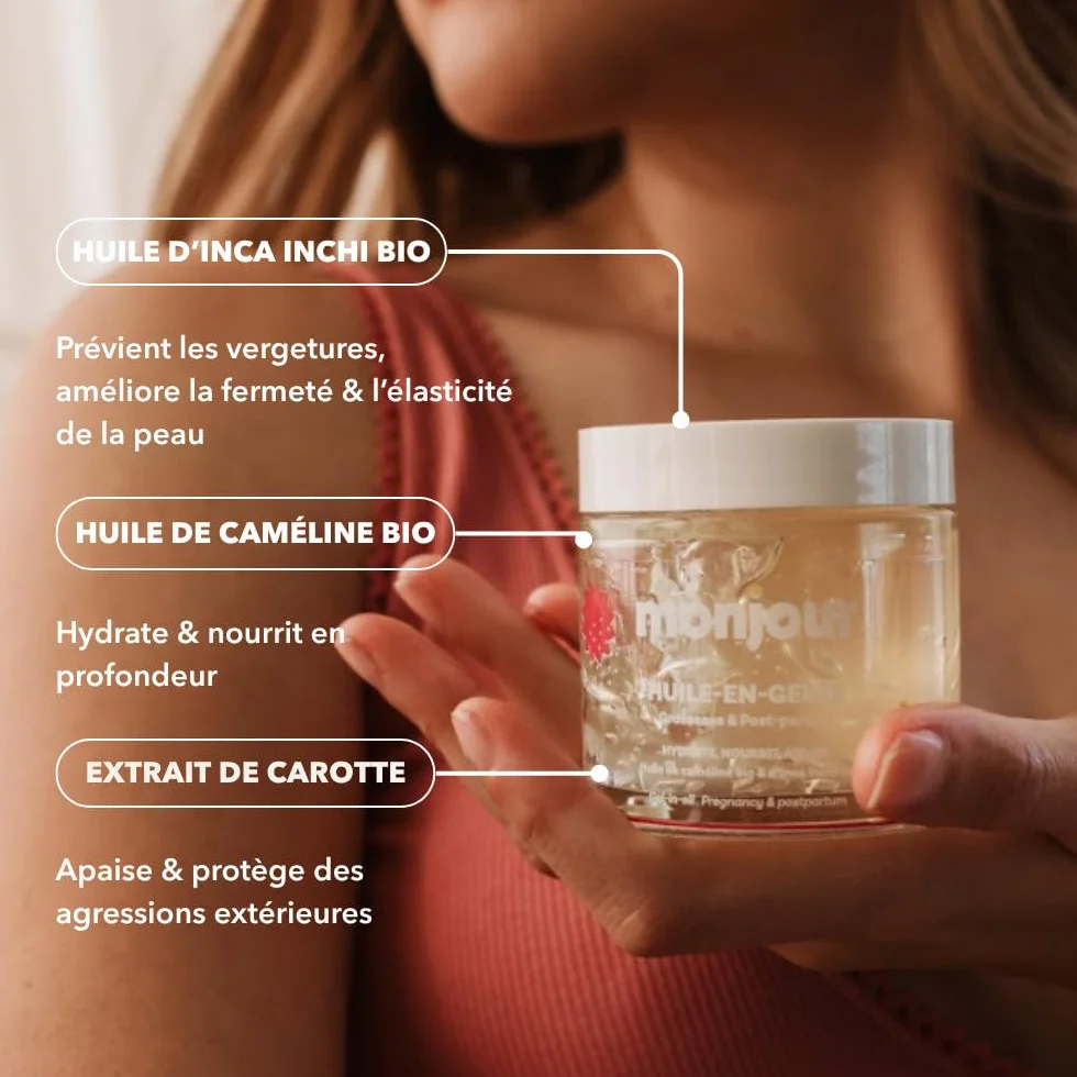 Huile-en-Gelée Grossesse Post-Partum Naturelle 98% Prévention Vergetures Caméline Bio Inca Inchi Nourrit Hydrate Apaise Peau