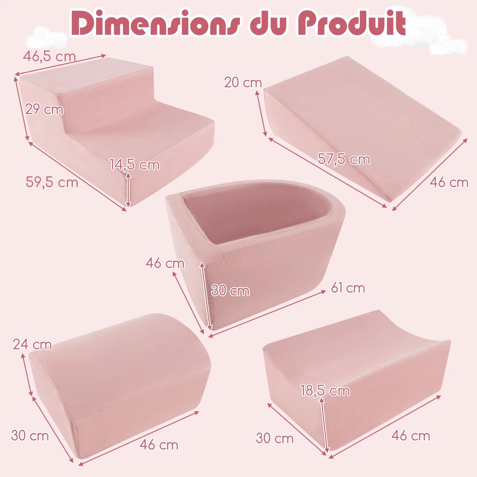DREAMADE Parcours de motricité Bébé 5PCS avec Housse Lavable, Blocs de Construction avec Piscine à Balles, pour Enfant 3+ Ans (Rose)