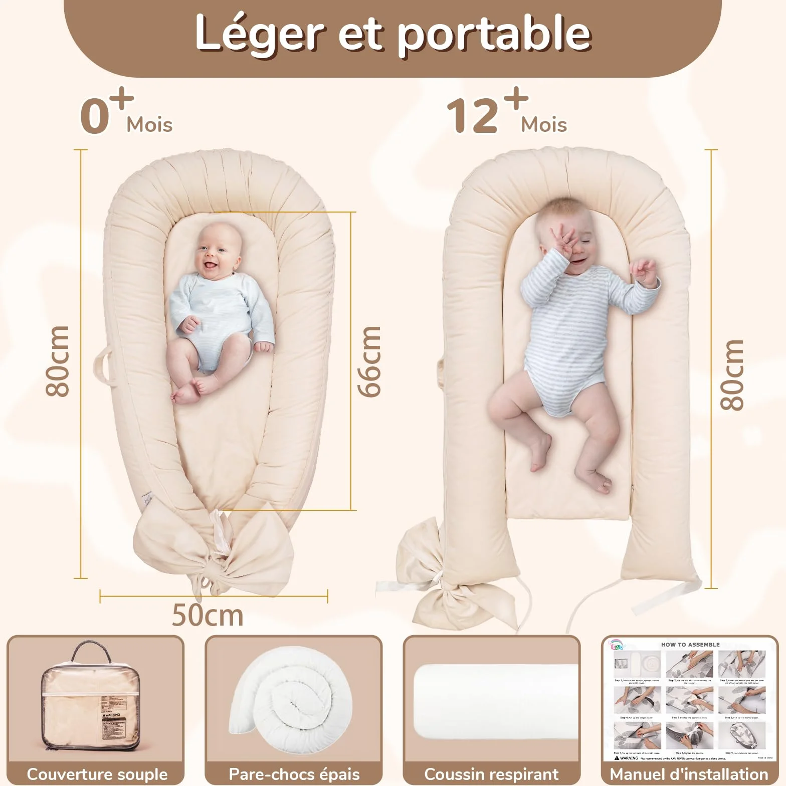EAQ Couffin de Voyage Bébé 100% Coton Nid Cocoon Lit Nouveau-né, Amovible Lavable