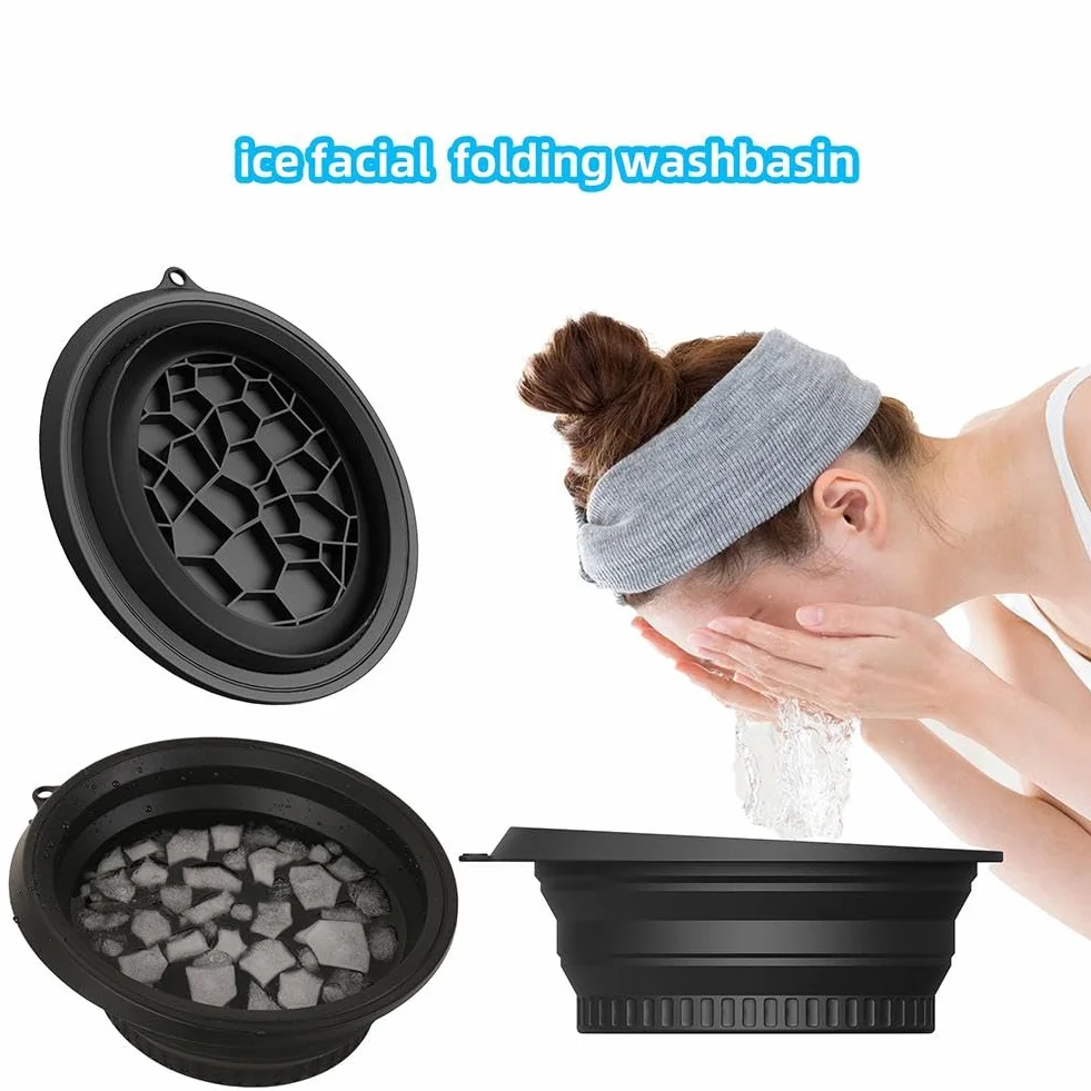 Bol pour le visage en silicone pliable avec bac à glaçons intégré, lavabo à glace portable