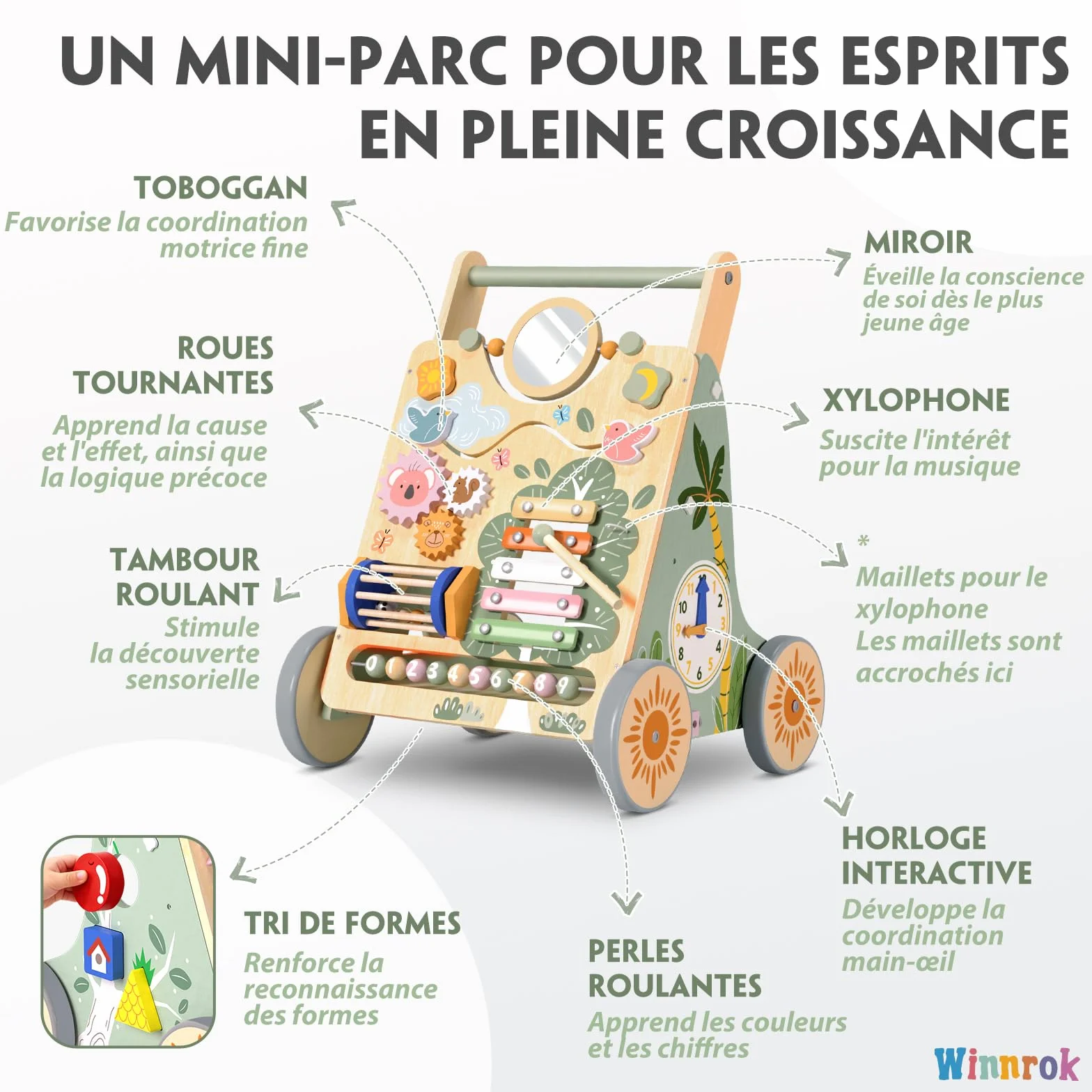 Chariot de Marche en Bois Montessori pour Bébé, Centre d'Activités, Trotteur Réglable 6-24 Mois