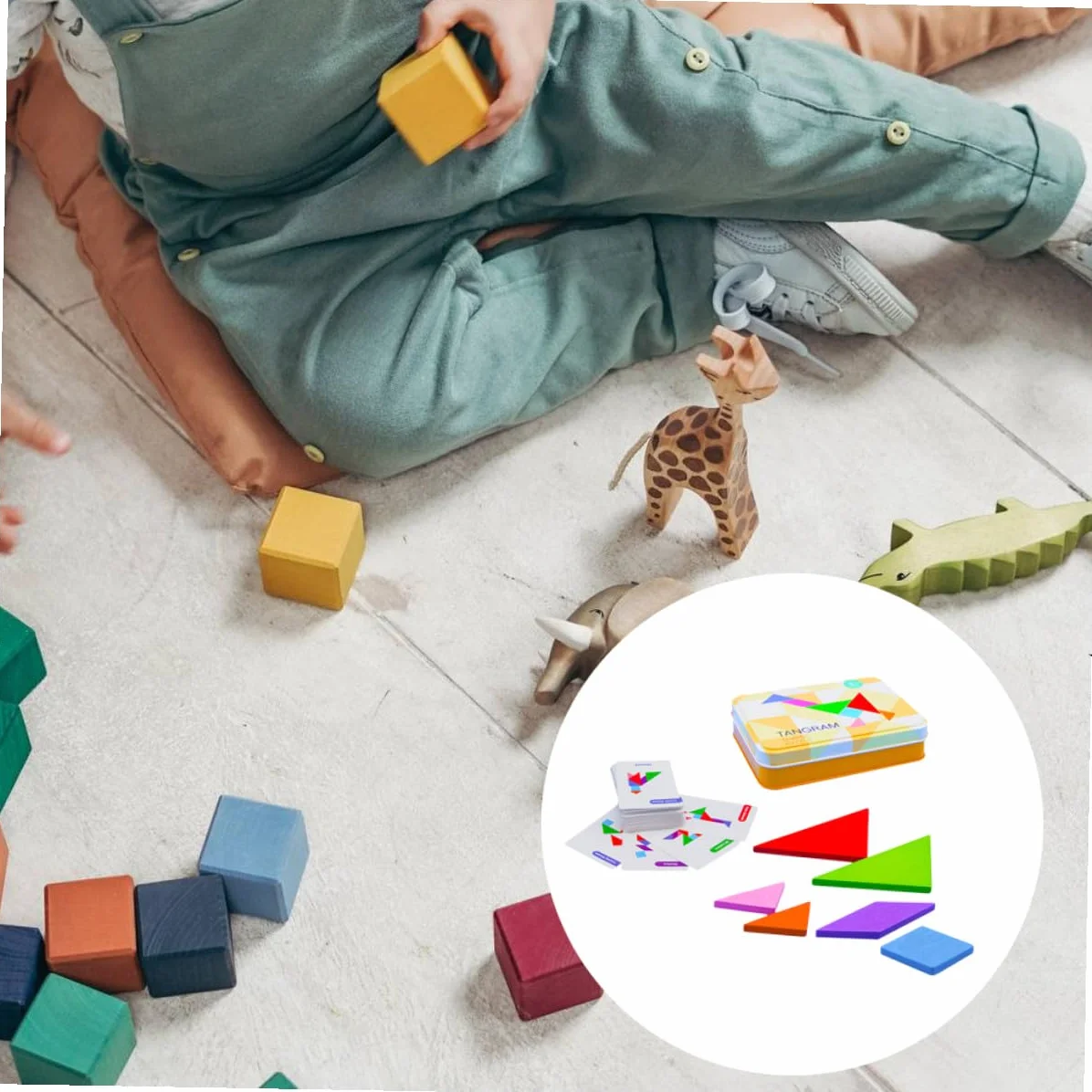 Jeu de Puzzle Tangram en Bois Éducatif pour Enfants, Coffret en Fer avec Cartes, Apprentissage Géométrie