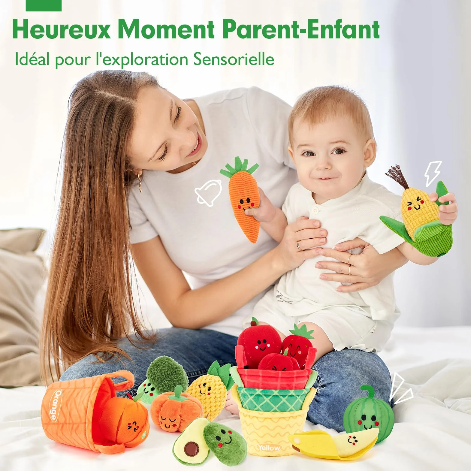 hahaland Jouet Bebe 6 Mois Eveil 6-12 Mois, 16 Pièces Fruits Legumes Peluche Panier, Sensoriel Montessori Cadeau 1 an Garçon Fille