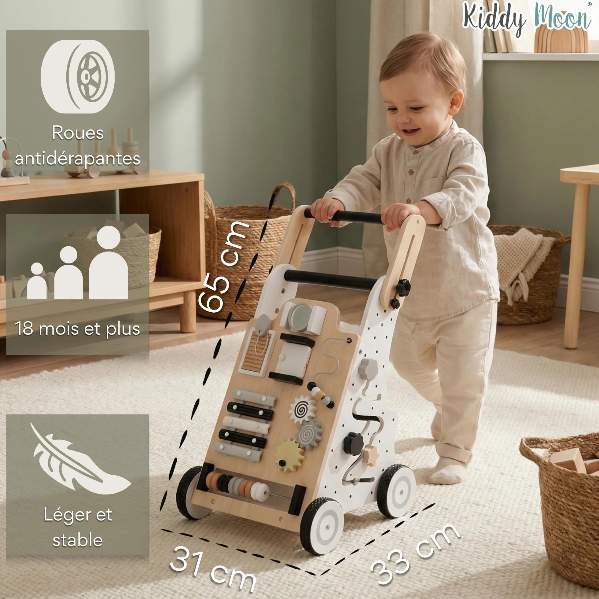 KiddyMoon Trotteur Tableau D'Activité Bois Chariot Marche Bébé Multifonctionnel WK-001 Noir-Blanc