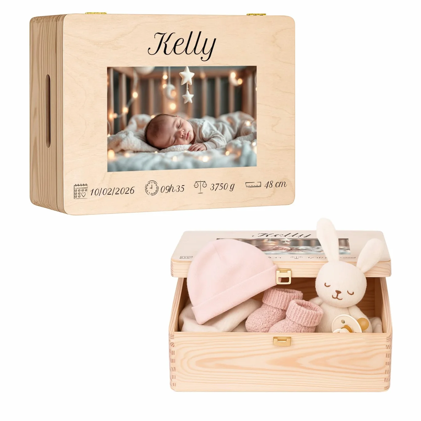 Maverton Boite de Rangement Personnalisable en Bois de Pin Naturel pour Bebe - Cadeau Naissance L/XL