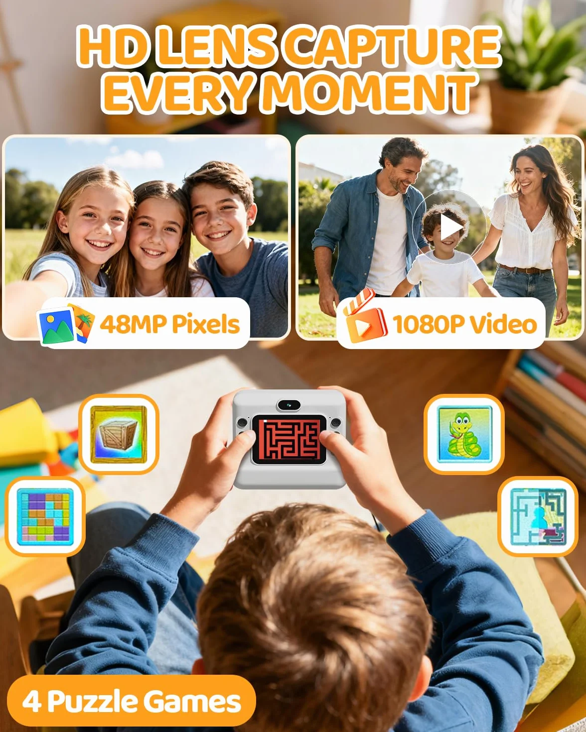 Appareil Photo Instantané Enfants 1080P HD Numérique Double Objectif avec Carte 32GB Papier d'impression Cadeaux Garçons Filles 3-12 Ans