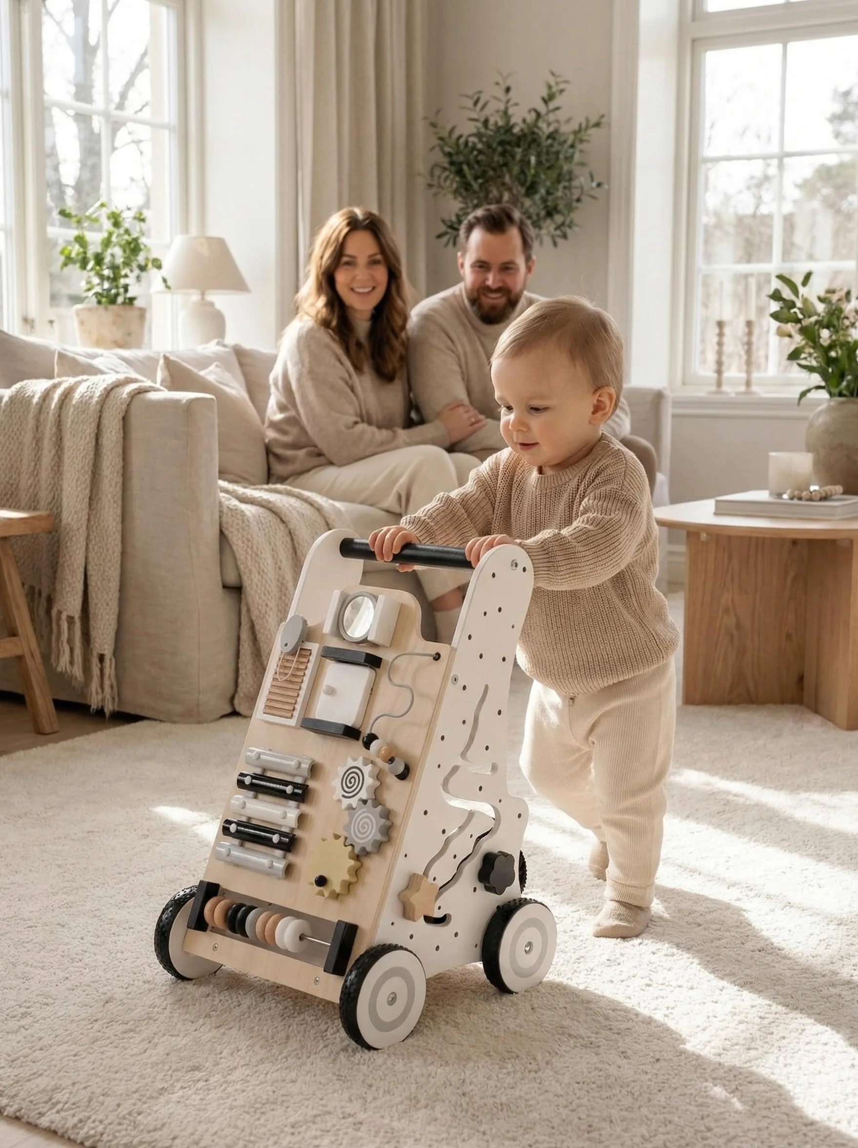 KiddyMoon Trotteur Tableau D'Activité Bois Chariot Marche Bébé Multifonctionnel WK-001 Noir-Blanc