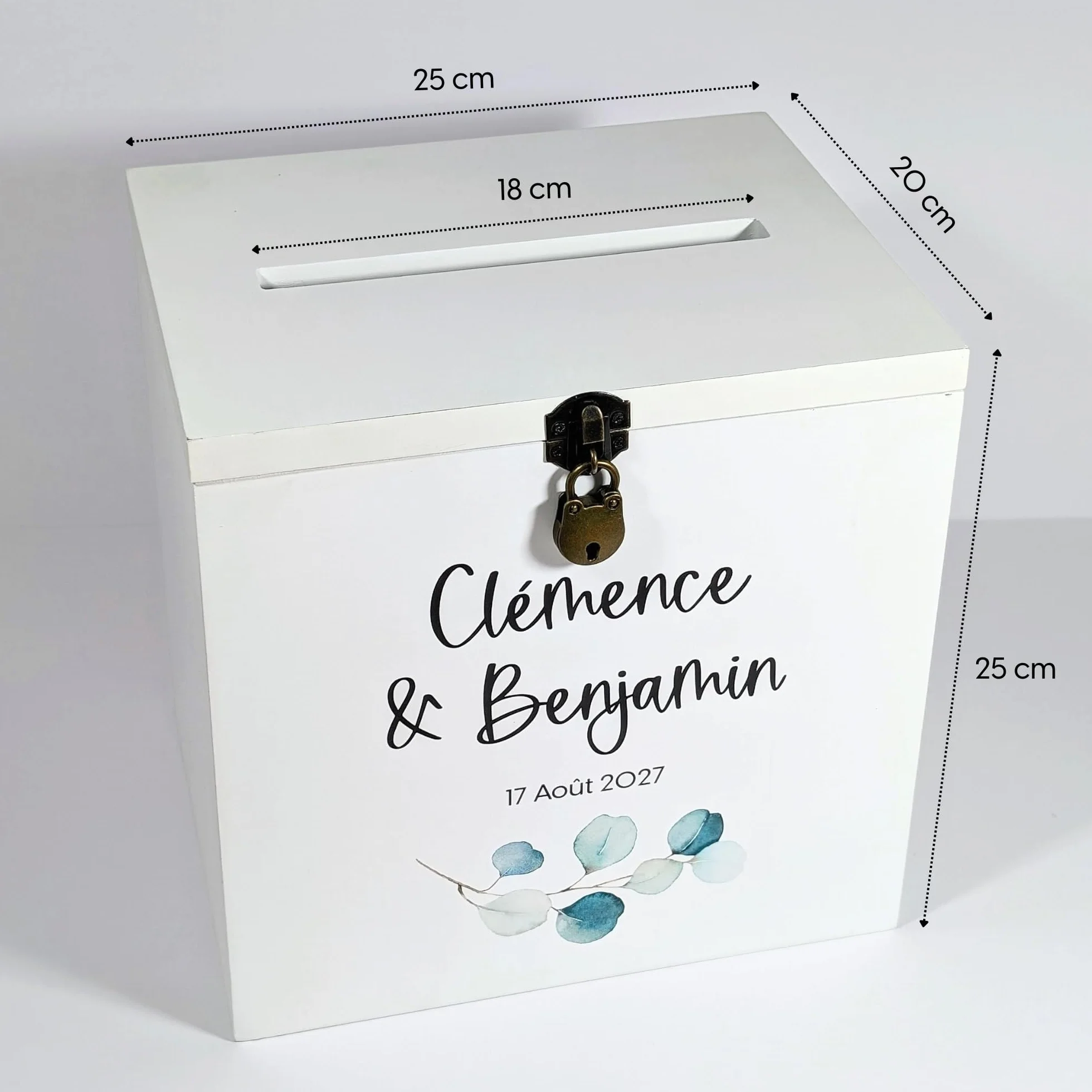 Urne Mariage personnalisée en Bois avec Cadenas 25x25x20 CM Blanche & Or Cagnotte