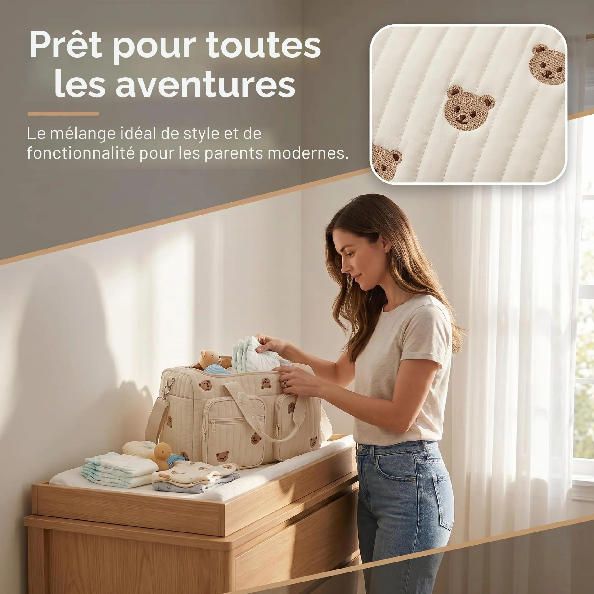 Sac à Langer Bebe Bandoulière 48x26x22cm, Sac de Maternité Multi Poches, Sac de Voyage Femme avec Ceinture Ajustable