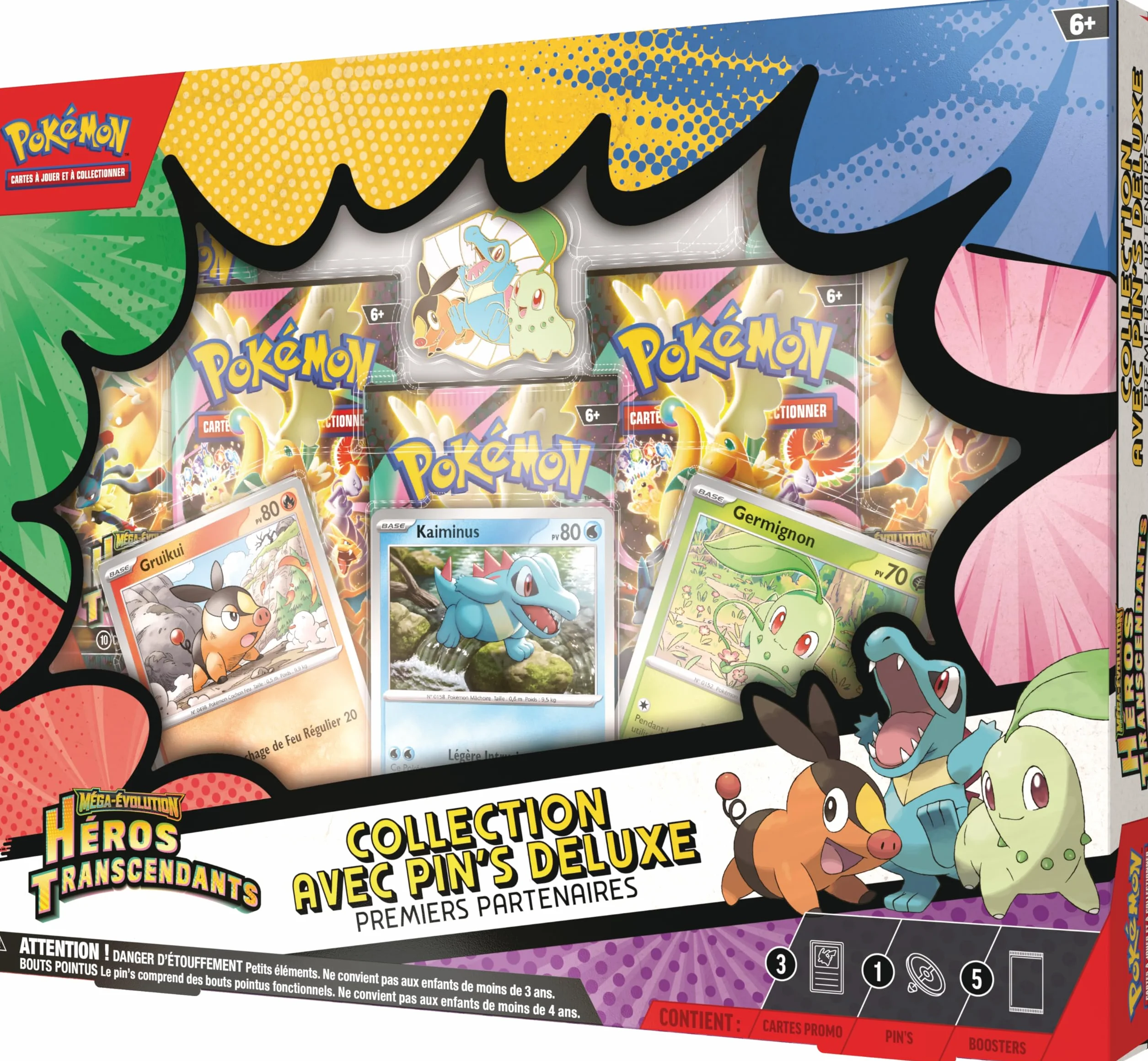Pokémon Collection Deluxe Premiers Partenaires Méga-Évolution Héros Transcendants 3 Cartes Promo Brillantes 1 Pin's Deluxe 5 Boosters