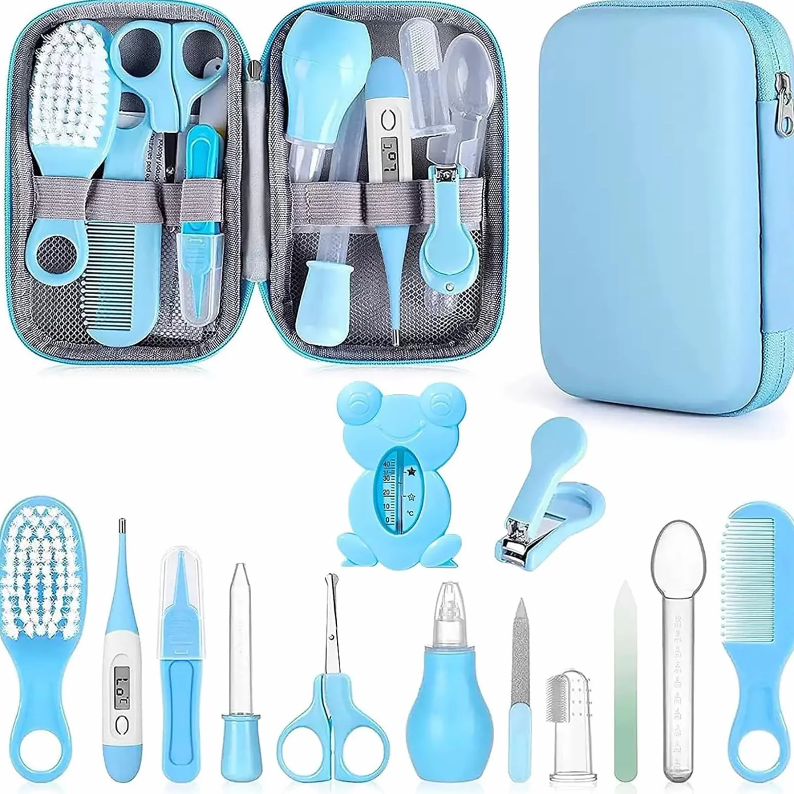 Trousse de Soin Bébé Naissance 13 en 1 – Kit Complet Nouveau-Né avec Brosse, Peigne, Coupe-Ongles, Thermomètre Digital, Ciseaux (Bleu)