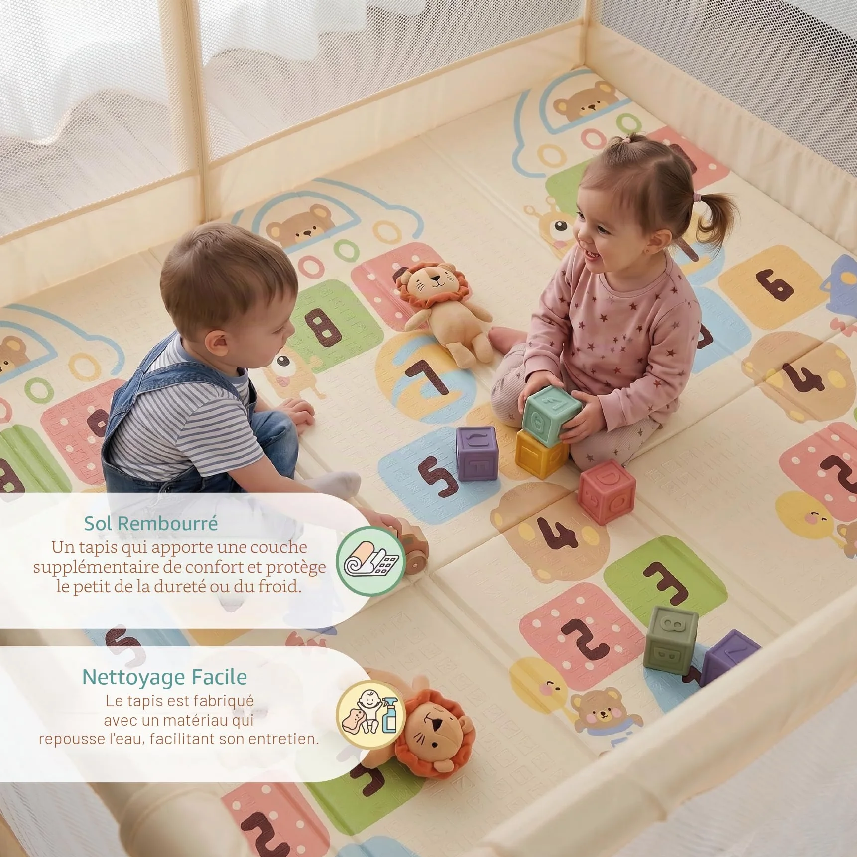 Buddy Baby Park Parc Enfant Bébé 120x120cm Pliable avec Maille Respirante Porte Latérale Vanille
