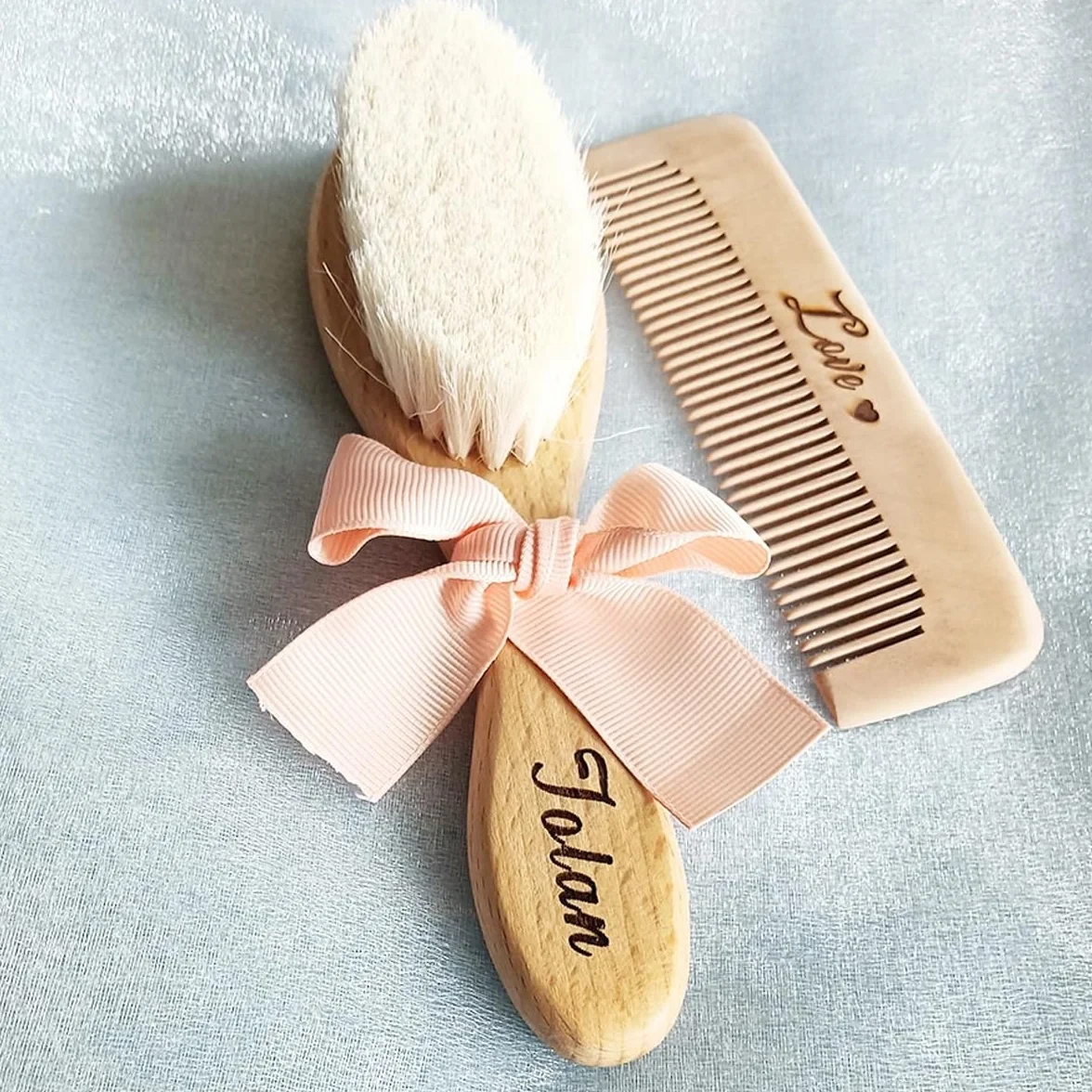 Brosse À Cheveux Bébé Personnalisée En Laine, Peigne En Bois Portable, Brosse De Bain Pour Nouveau-né