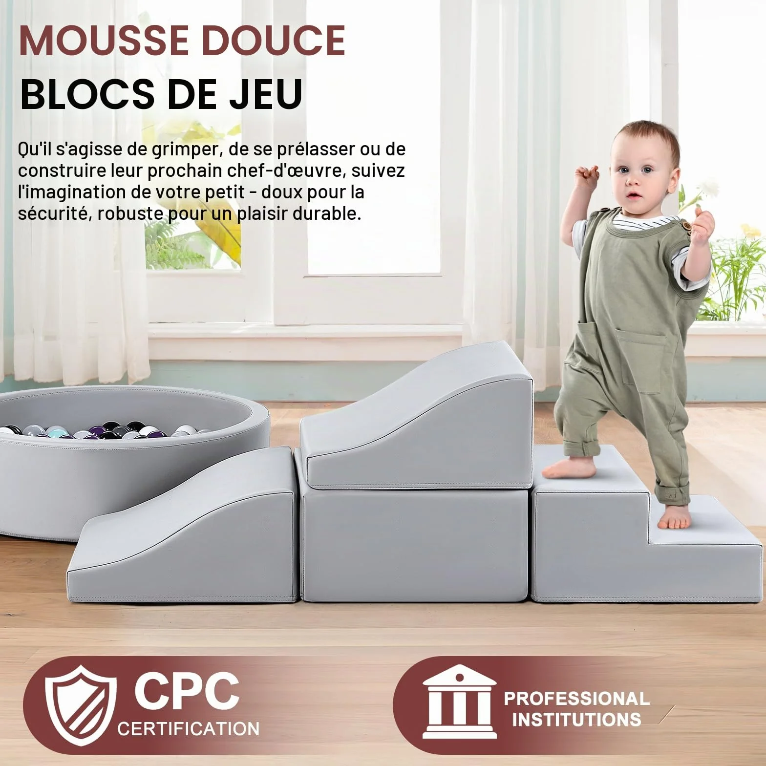 Lot de 5 jouets d'intérieur en cuir synthétique pour bébé avec piscine à balles - Jeu de blocs de construction en mousse - Jouet d'escalade et de ramper