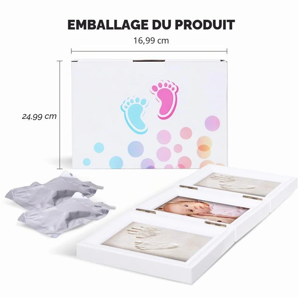 Kit de souvenir pour bébé Empreinte main ou pieds avec cadre en bois