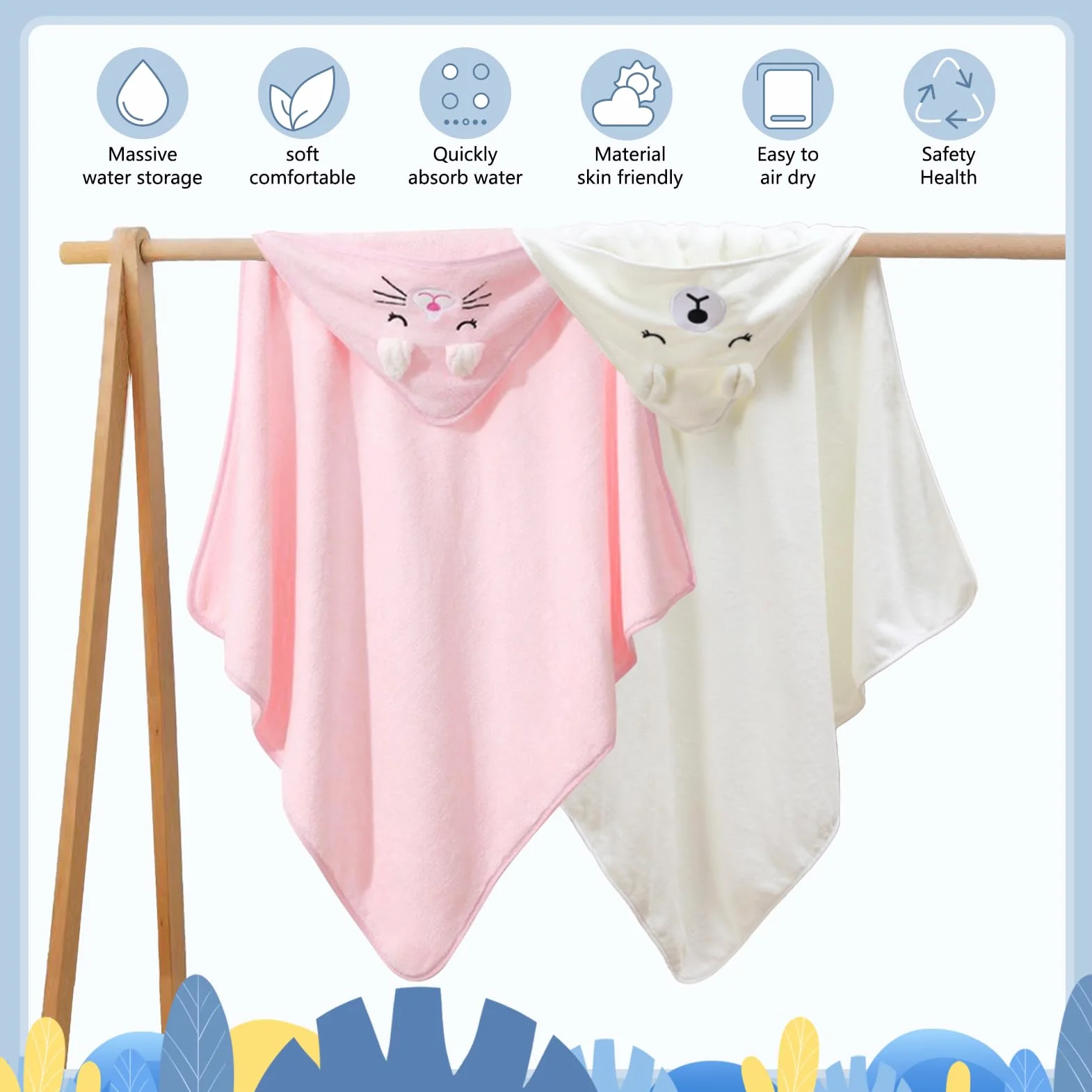 Serviette de Bain Capuche Bébé 80x80 cm Douce Absorption Rose Blanc Bleu