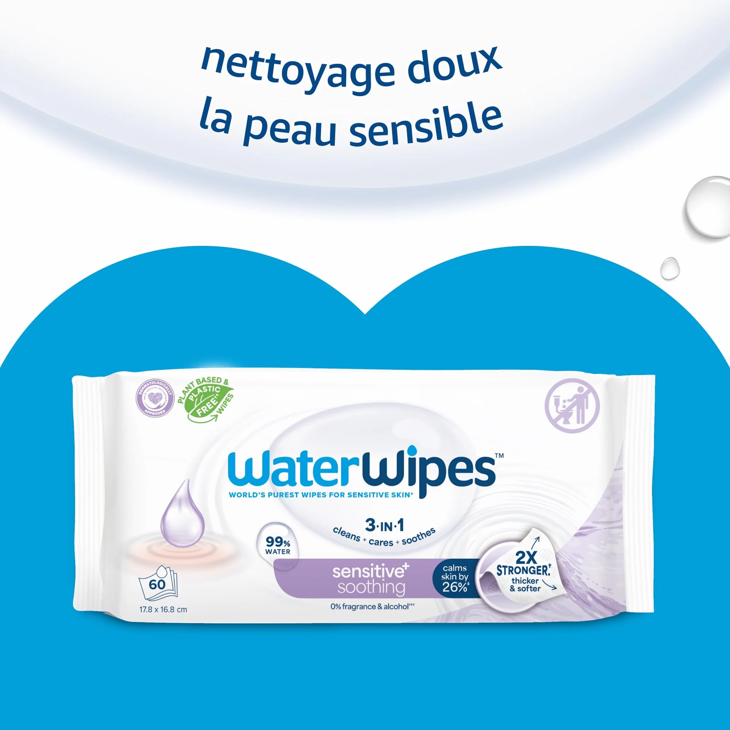 WaterWipes Sensitive+ Lingettes Apaisantes 720 unités 12 paquets 3-en-1 nettoie soigne apaise 99% eau extraits botaniques non parfumées