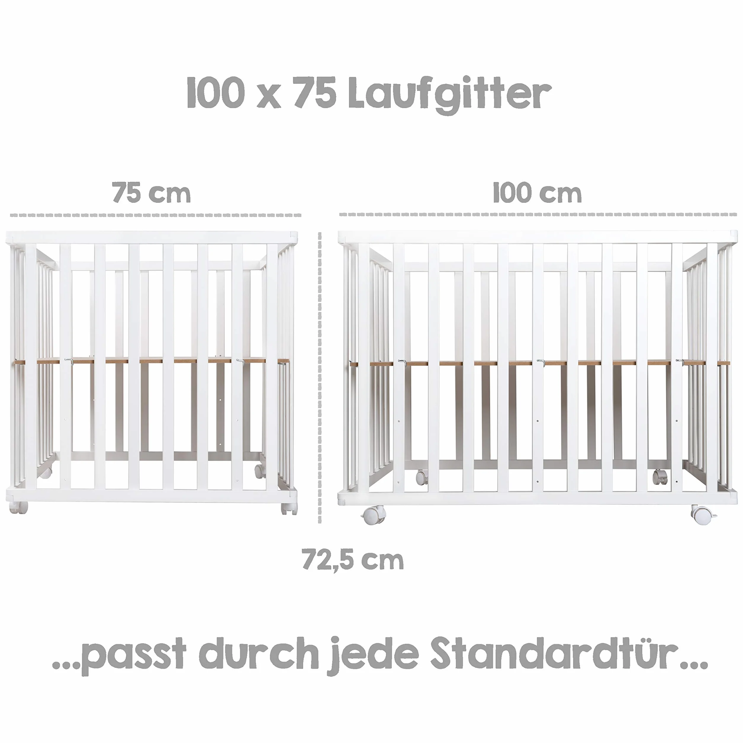 roba Parc Bébé en Bois 75 x 100 cm + Tapis Gris - Base Ajustable 3 Niveaux - Roulettes Freins - Laqué Blanc