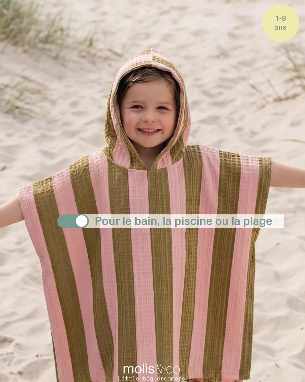 Poncho de Bain pour Enfants Serviette de Plage à Capuche KHAKI & ROSE STRIPES