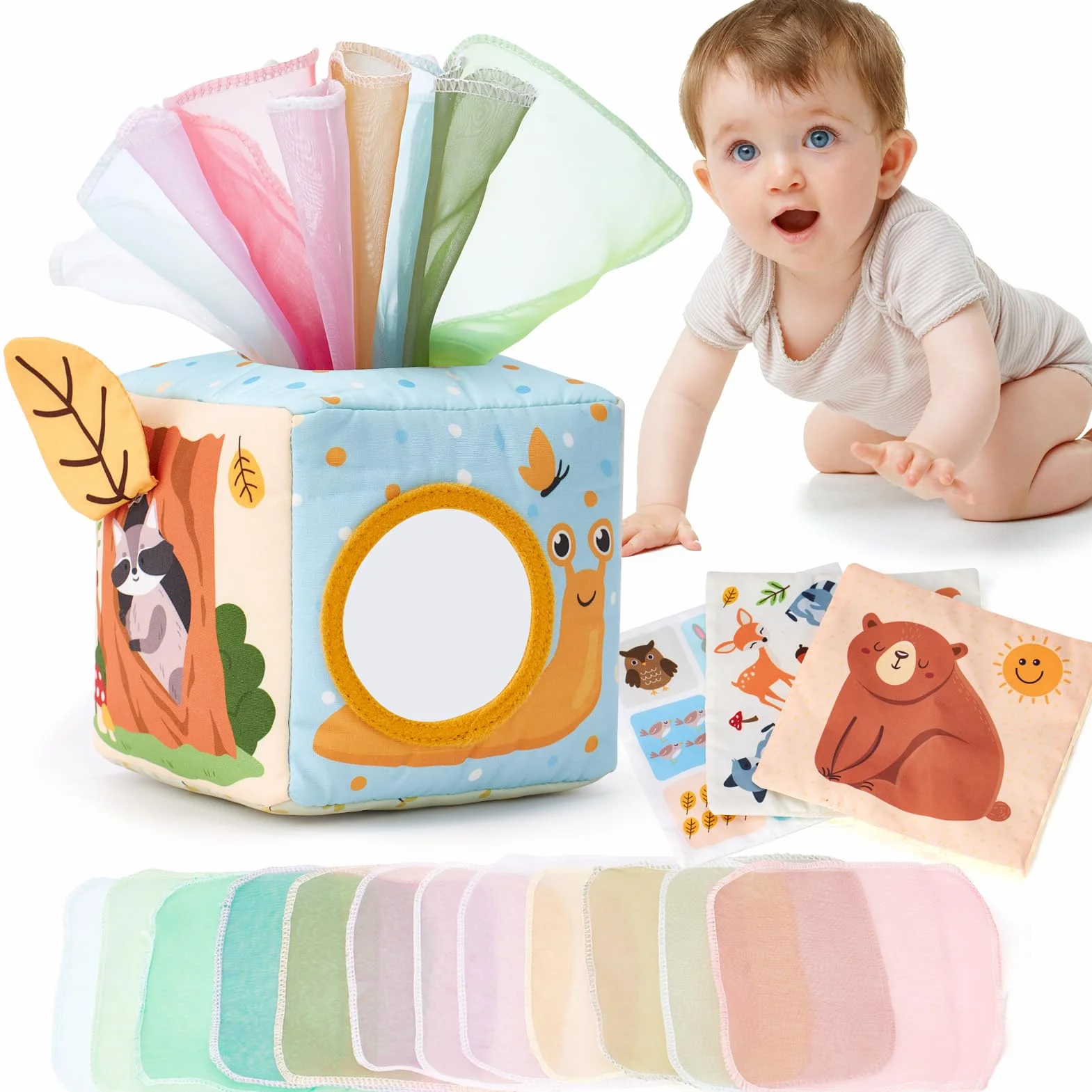 hahaland Jouet Bébé Boîte à Mouchoirs Sensoriels Montessori avec Papiers Froissés et Miroir, Cadeau pour Fille Garçon 3-12 Mois